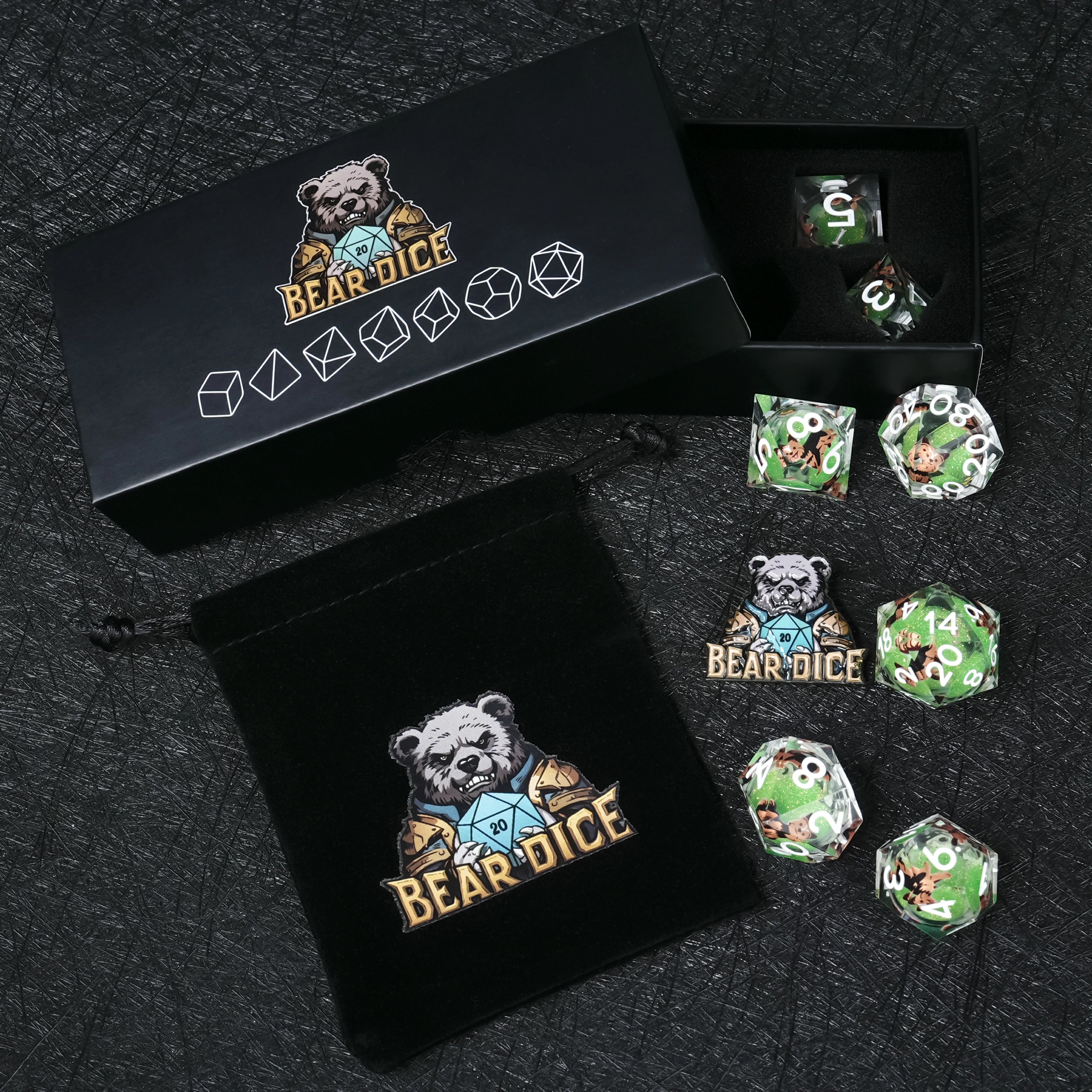 Yorkshire Terrier Green Liquid-Core Resin Dice Set | Yorkie DND Dice – White Numbers