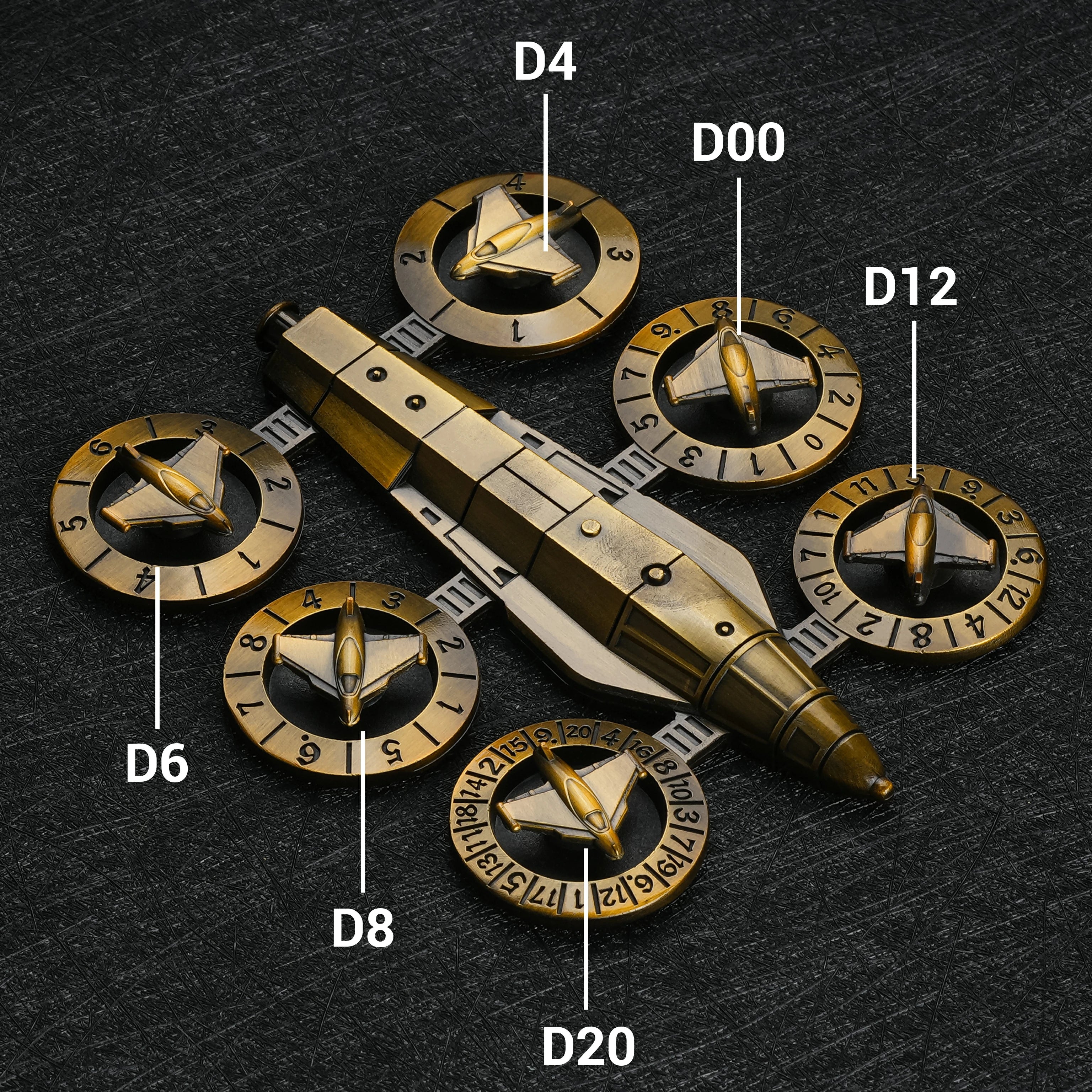 Spaceship Wing Spinner Metal Dice labeled D4 D6 D8 D10 D12 D20 D00