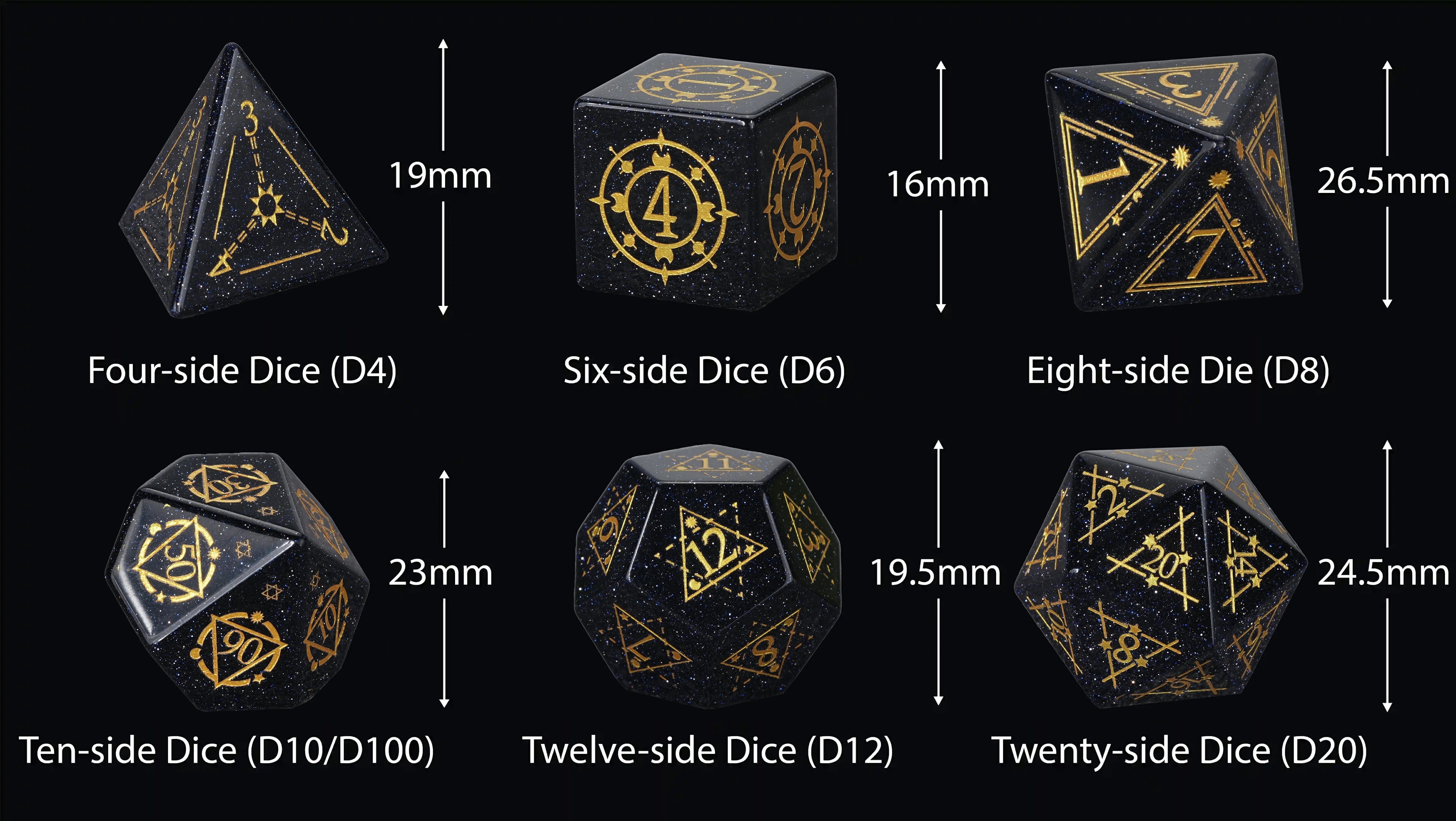 Blue Goldstone Dice Set with Golden Magic Triangle & Star Array