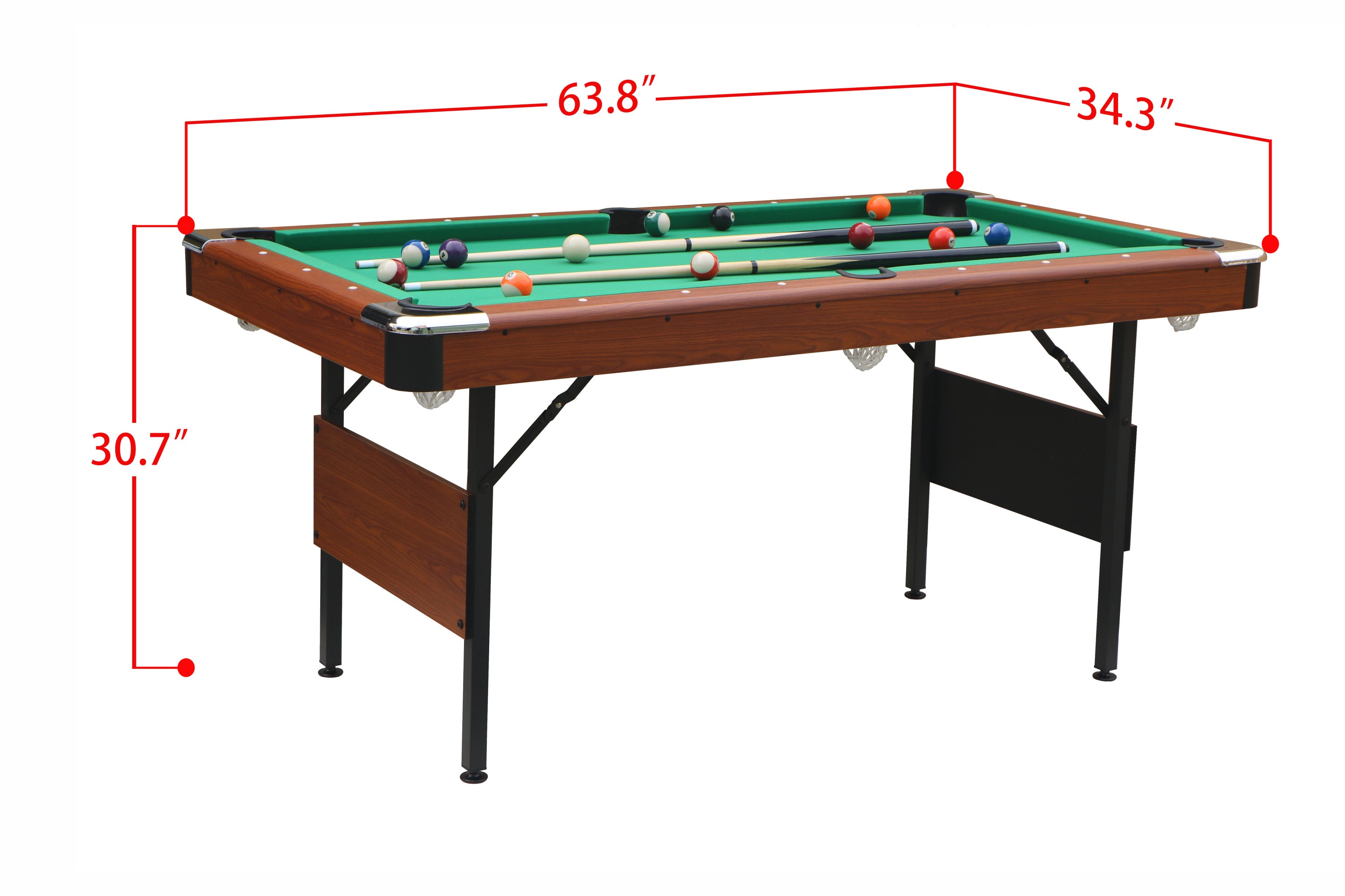 63-Inch Green Felt Foldable Wooden Billiard Table dimension diagram with size measurements | Bear Dice