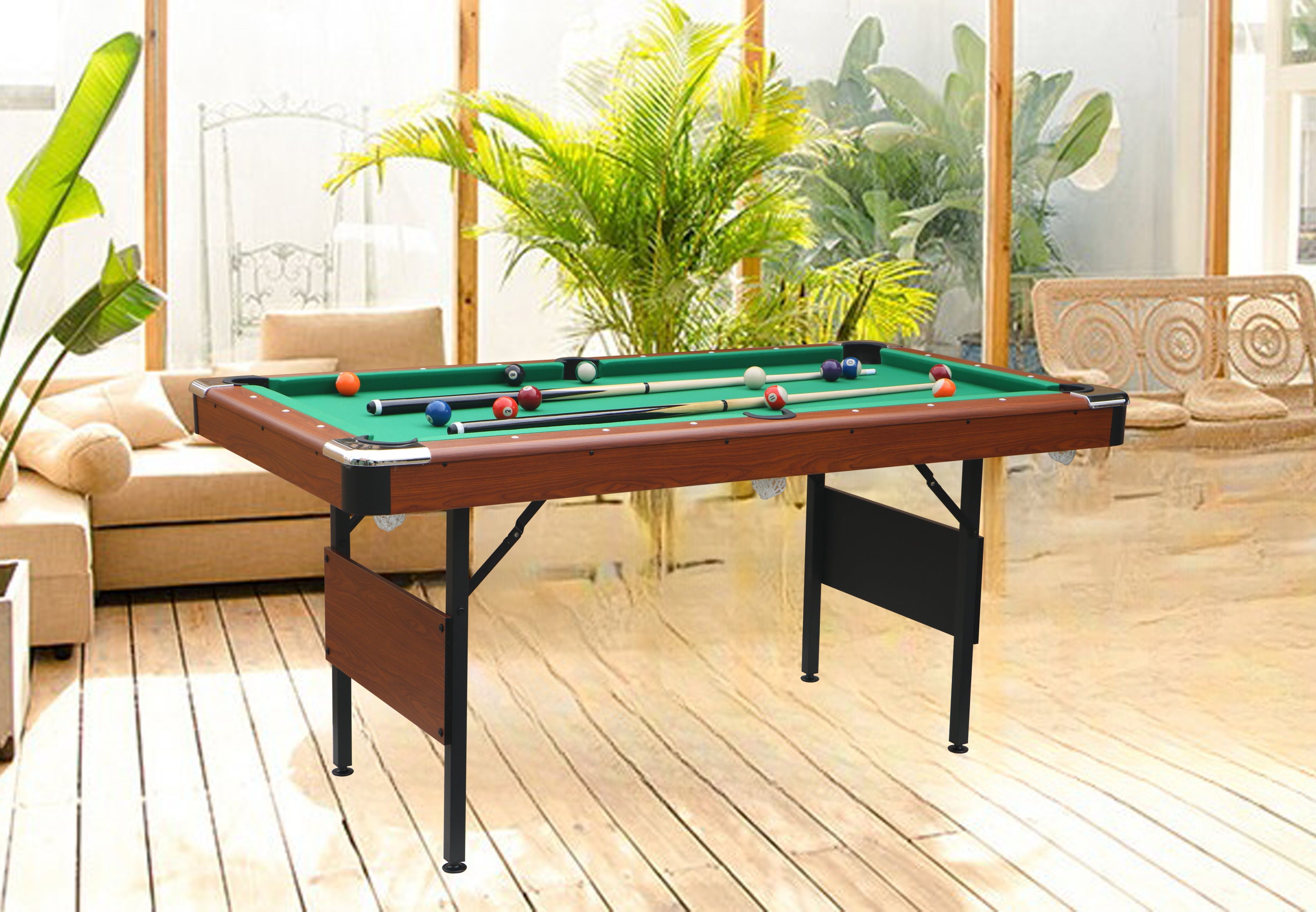 63-Inch Green Felt Foldable Wooden Billiard Table in indoor living space with wood legs | Bear Dice