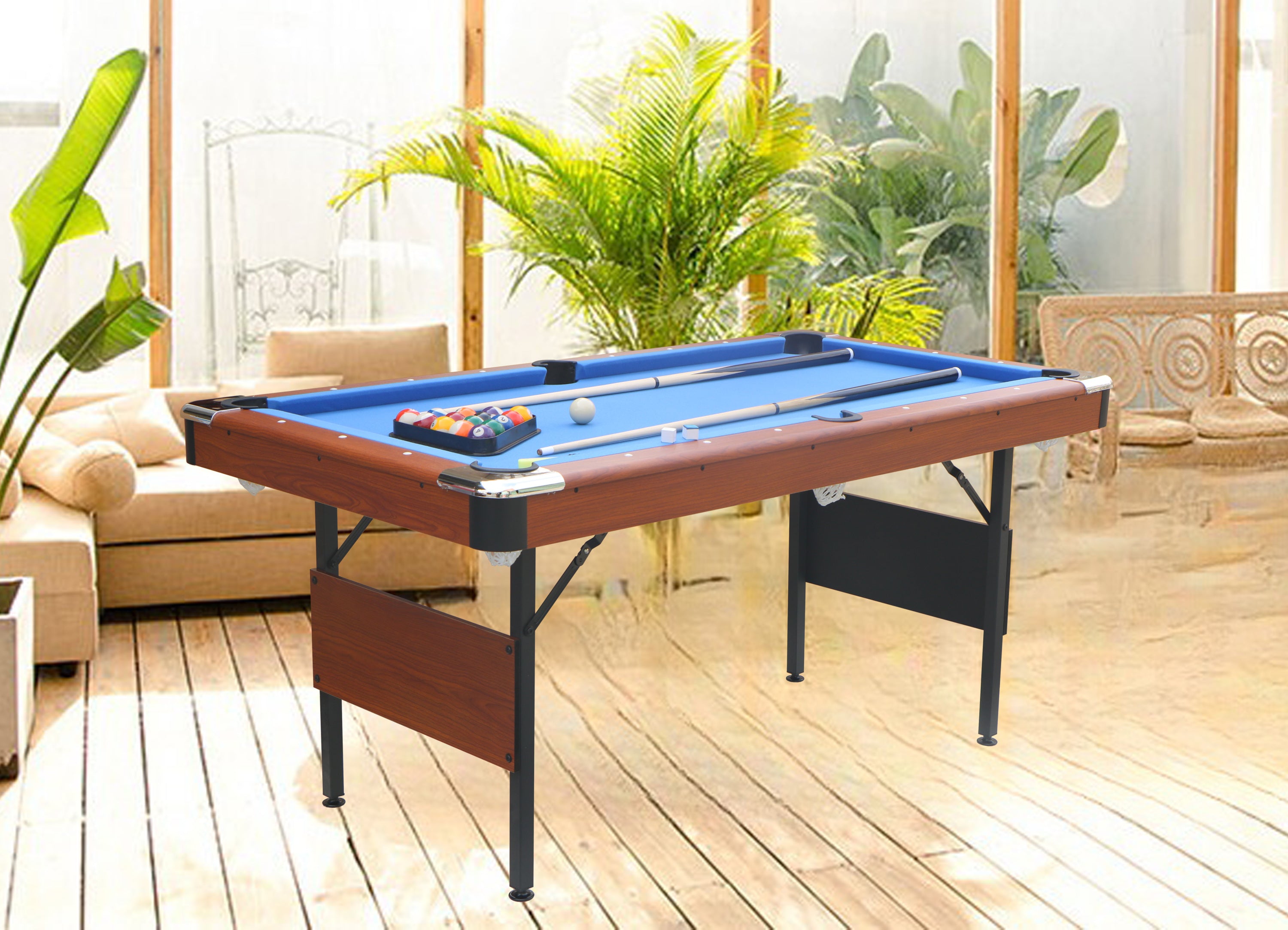 63-inch Foldable Wooden Pool Table in living room with blue felt surface | Bear Dice