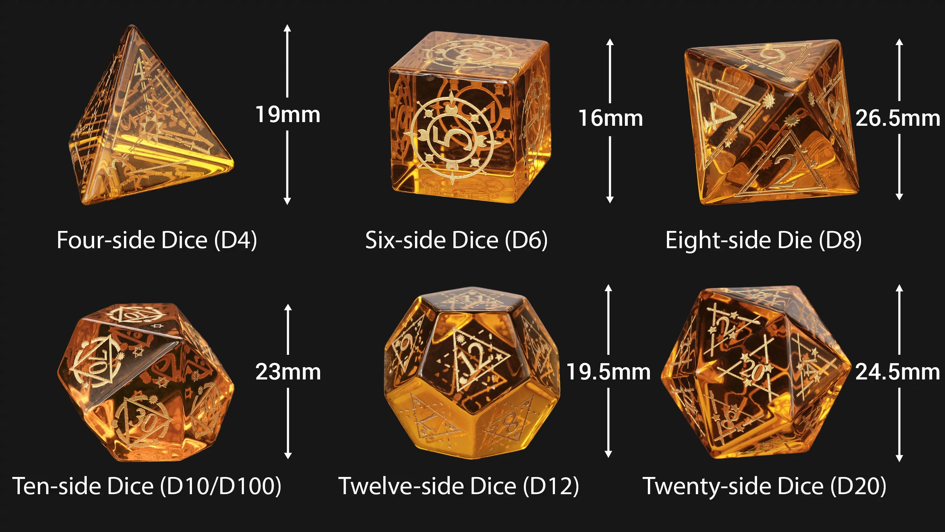 Orange Glass Dice Set with Gold Starburst Constellation Patterns