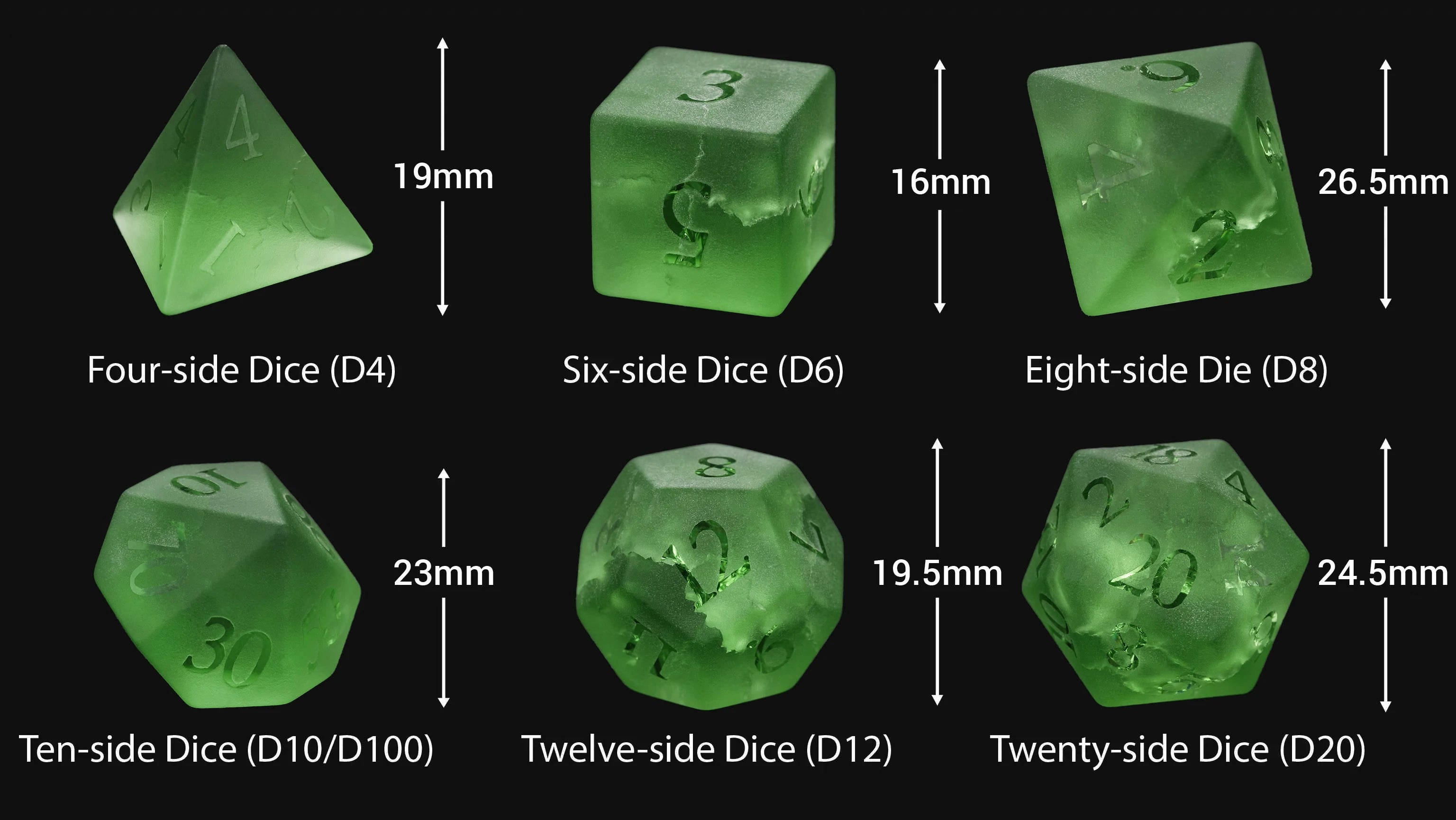 Green Frosted Crackle-Effect Glass Gemstone Dice Set with Raised Numbers