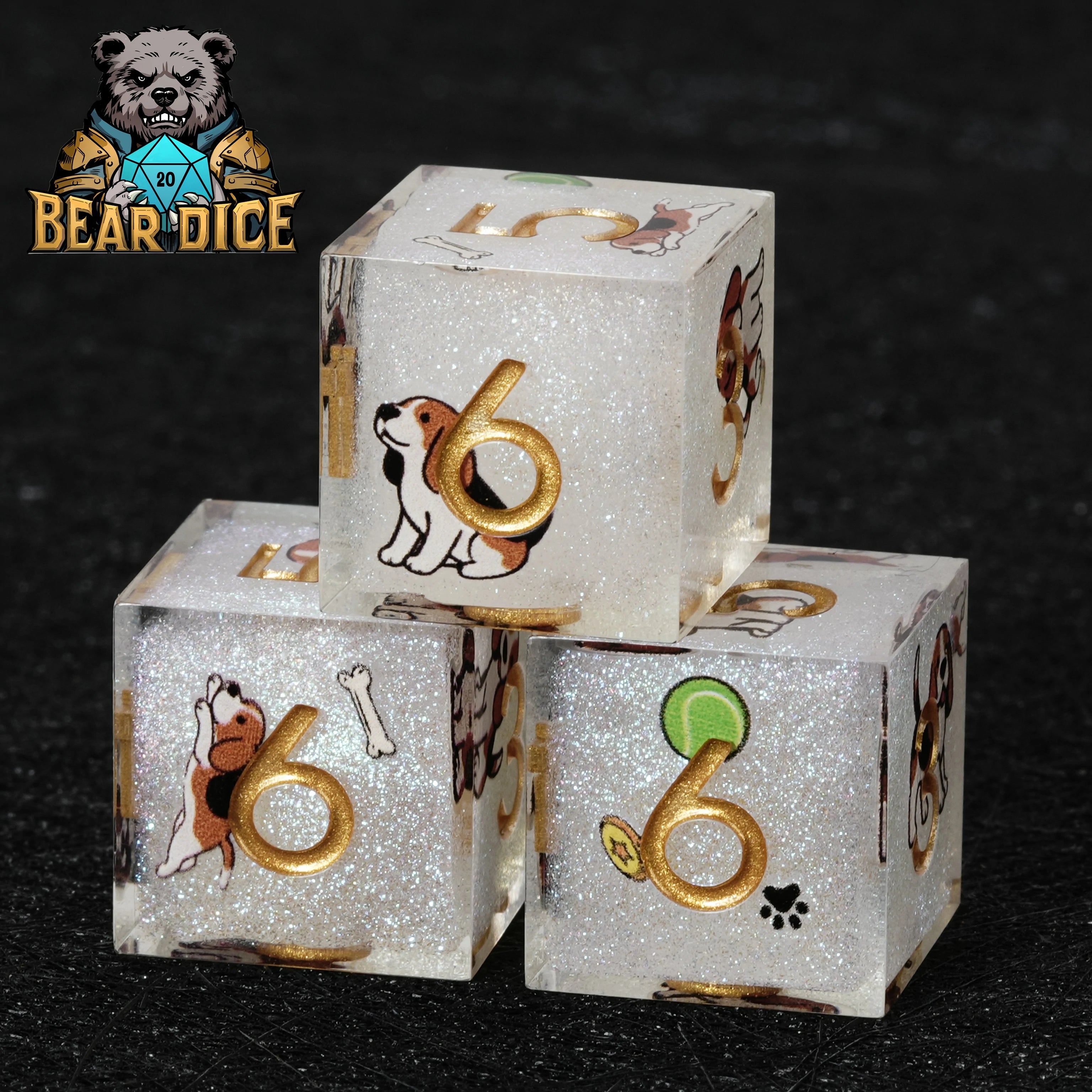 Beagle White Glitter Resin DND D6 Dice | RPG Polyhedral Dice for D&D & Tabletop Games