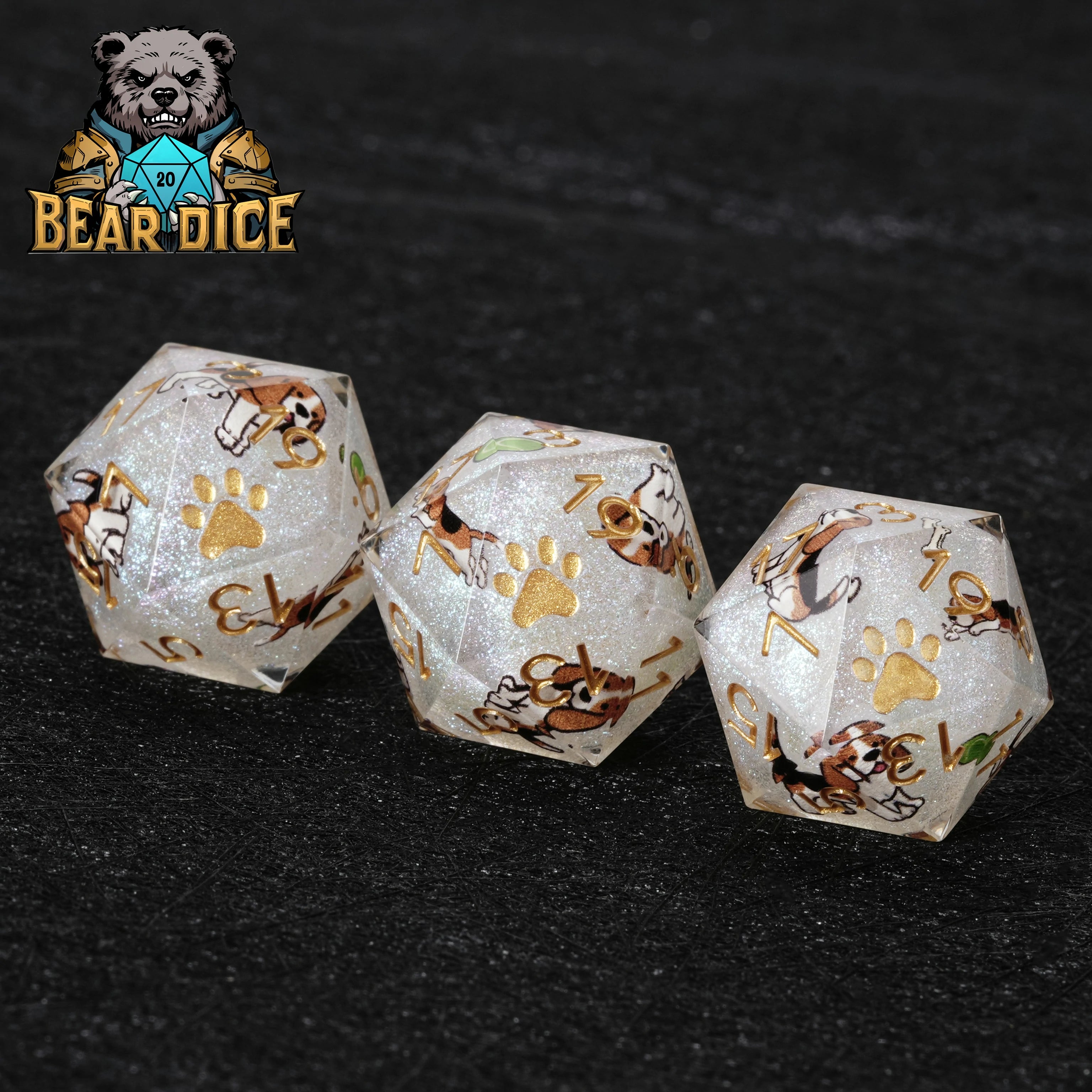 Beagle White Glitter Resin DND D20 Dice | RPG Polyhedral Dice Set