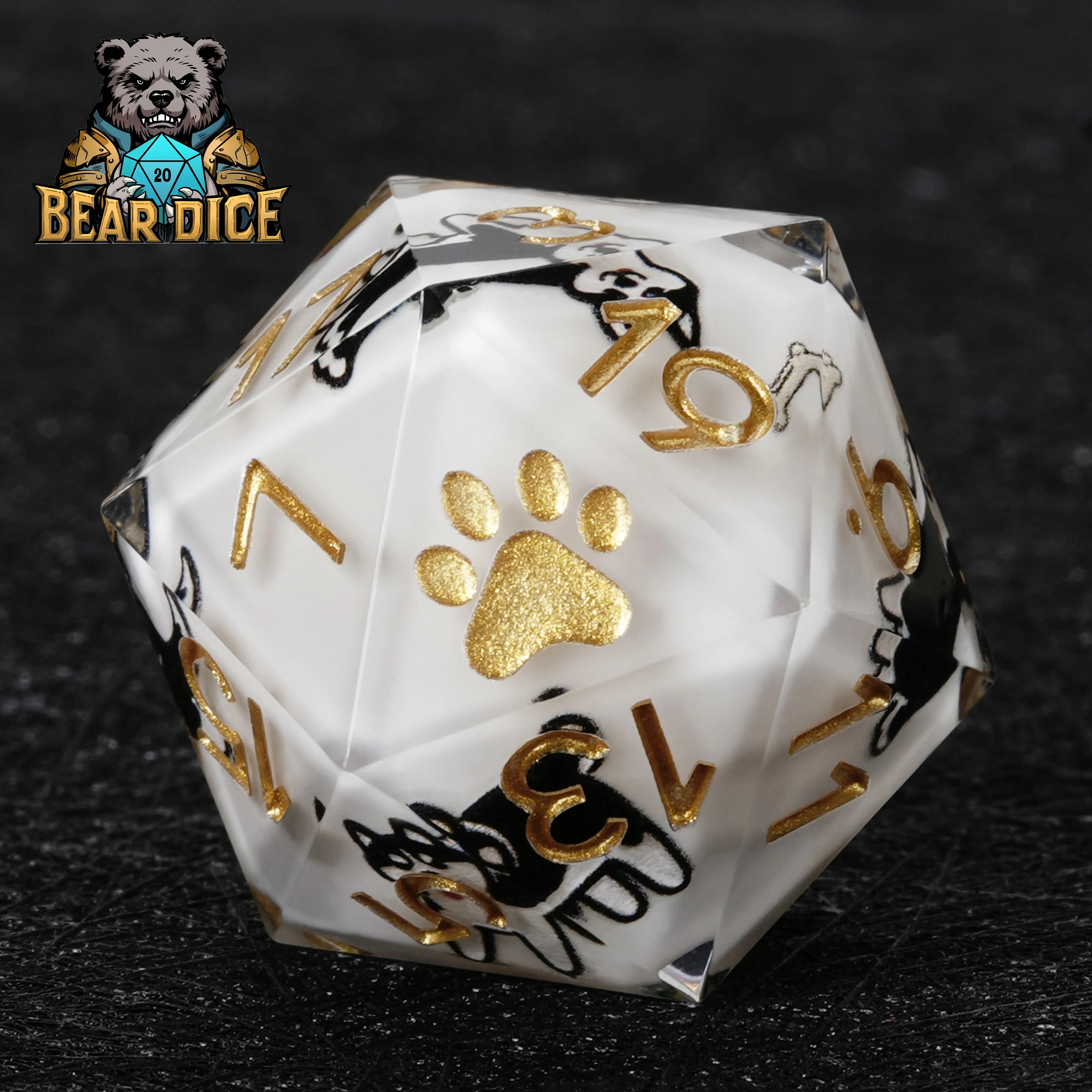 Husky White Resin DND D20 Dice | Dog Paw RPG Dice for D&D