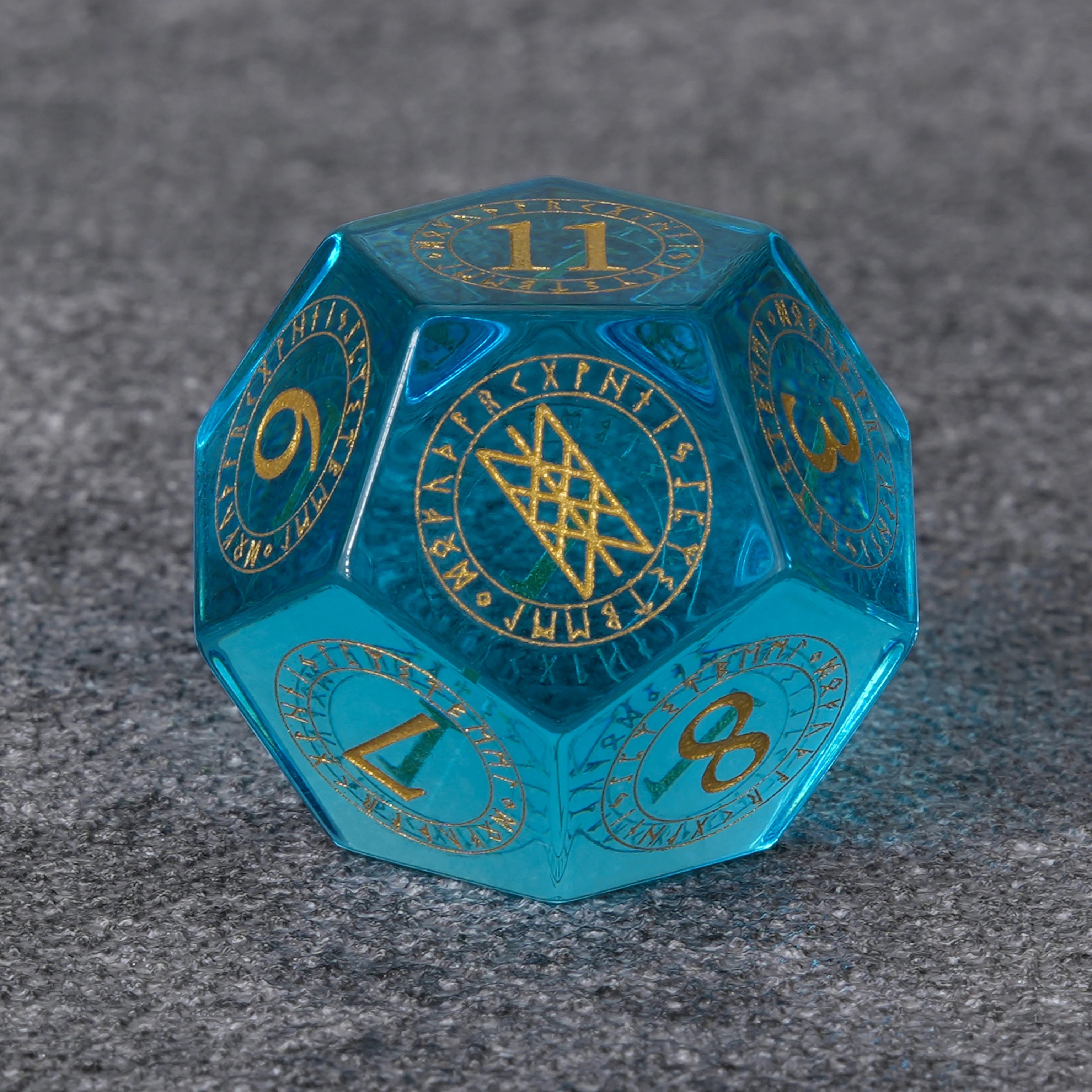 Ice Blue Glass Dice Set with Mystical Rune Magic Circle