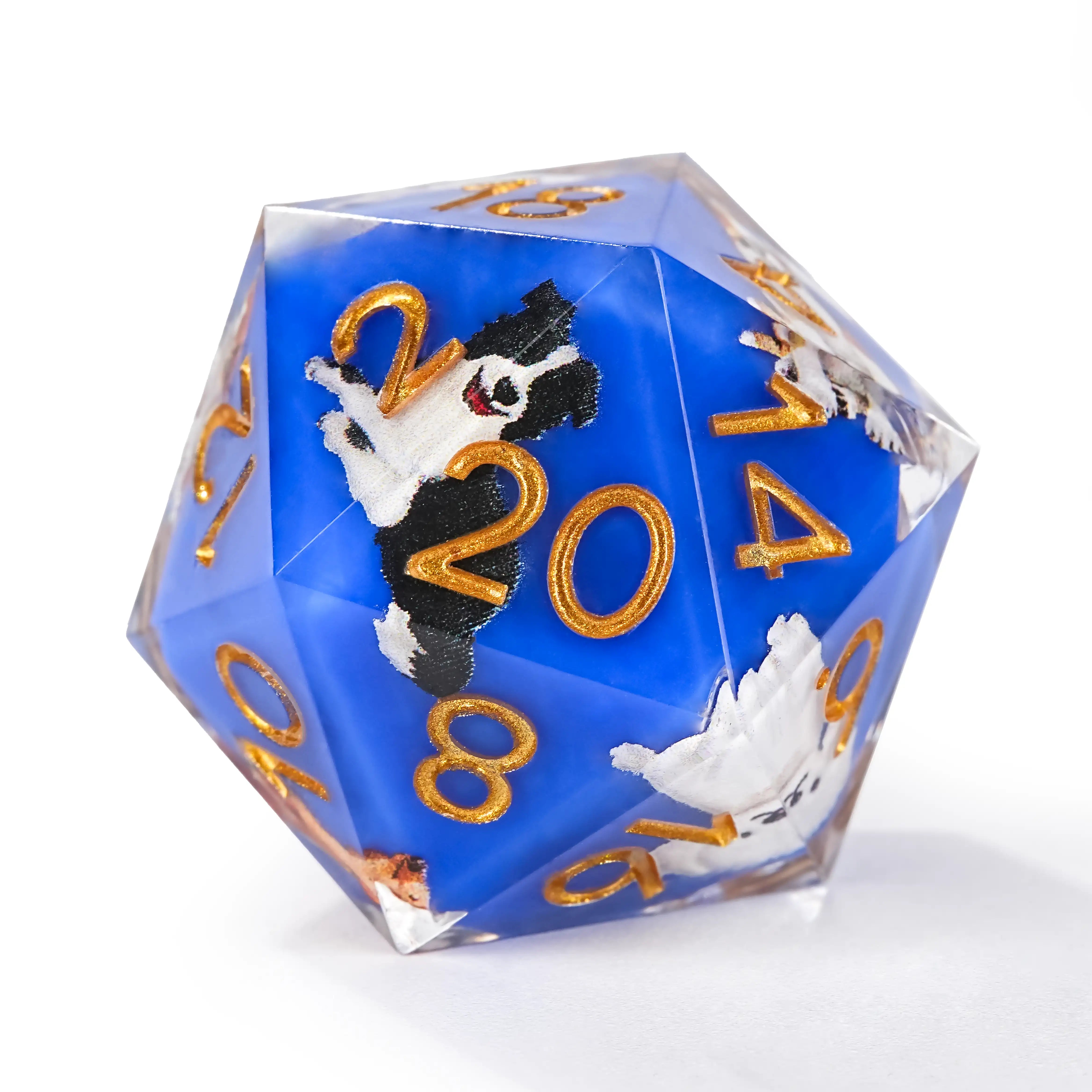 Colorful blue transparent resin cute dog pattern dice set + gold font