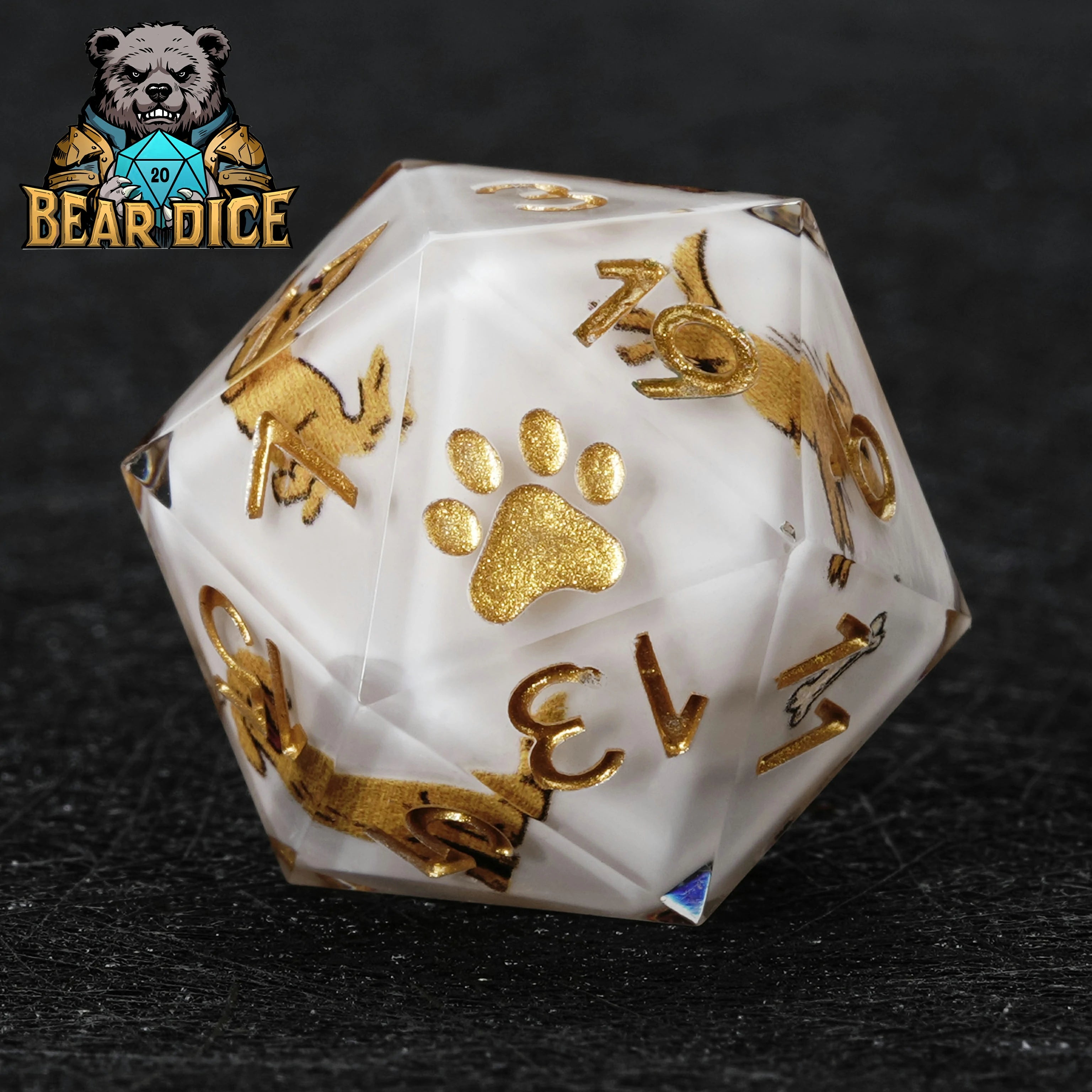 Gold-Flecked White Resin D20 Dice – Bear Paw DnD RPG Die