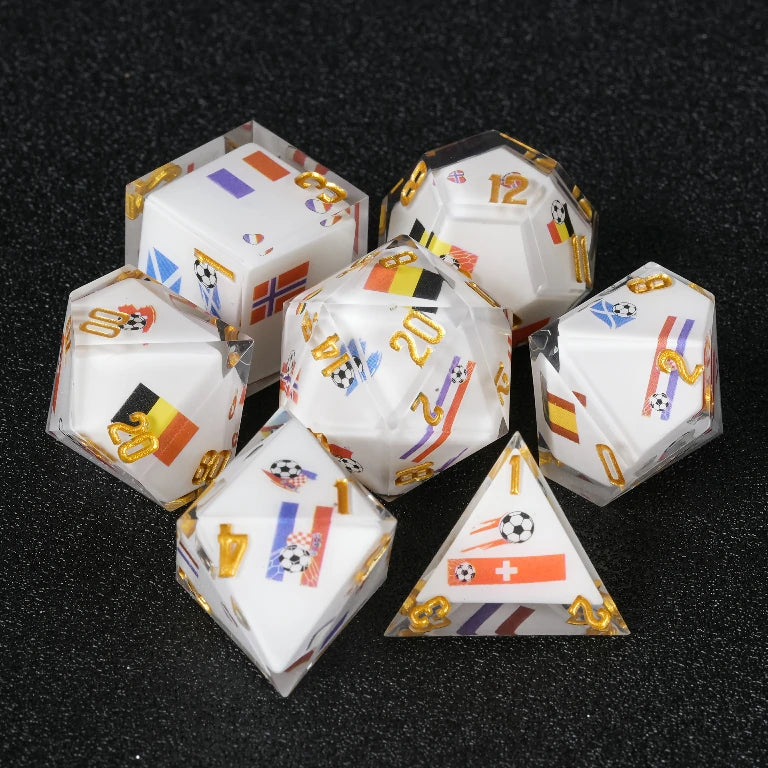 DND World Cup Resin Dice Set with National Flags and Soccer Balls + Gold Lettering