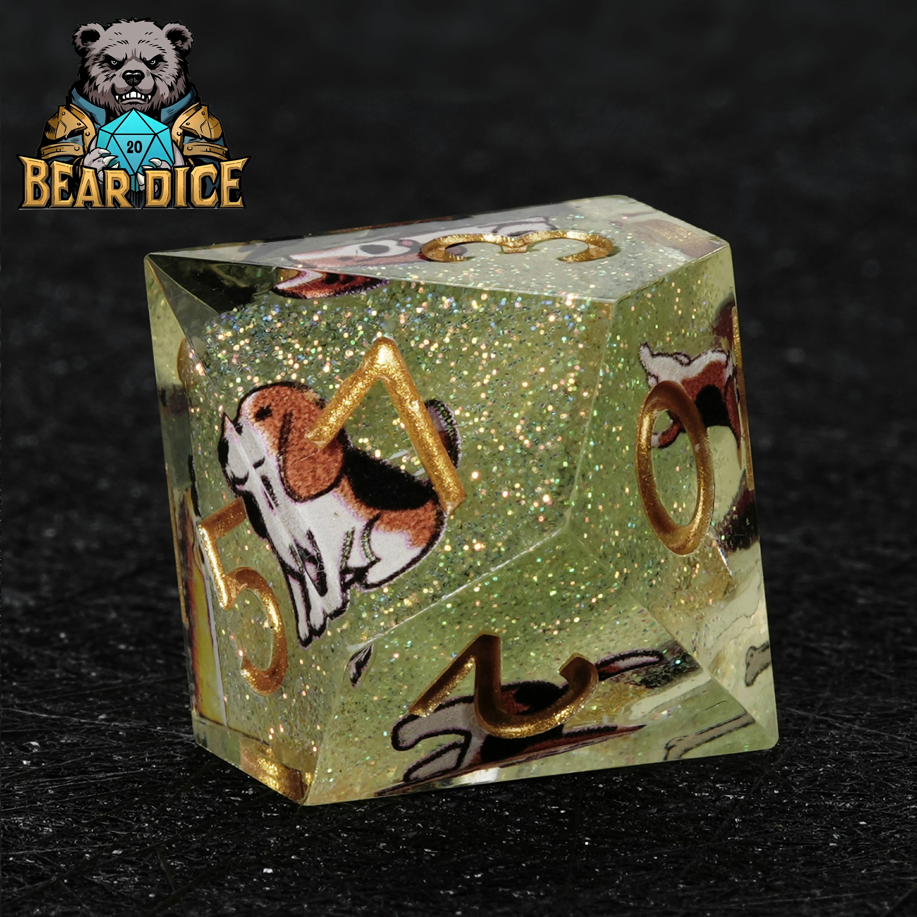 Beagle Green Glitter Resin DND Dice Set | 7-Piece Polyhedral RPG Dice