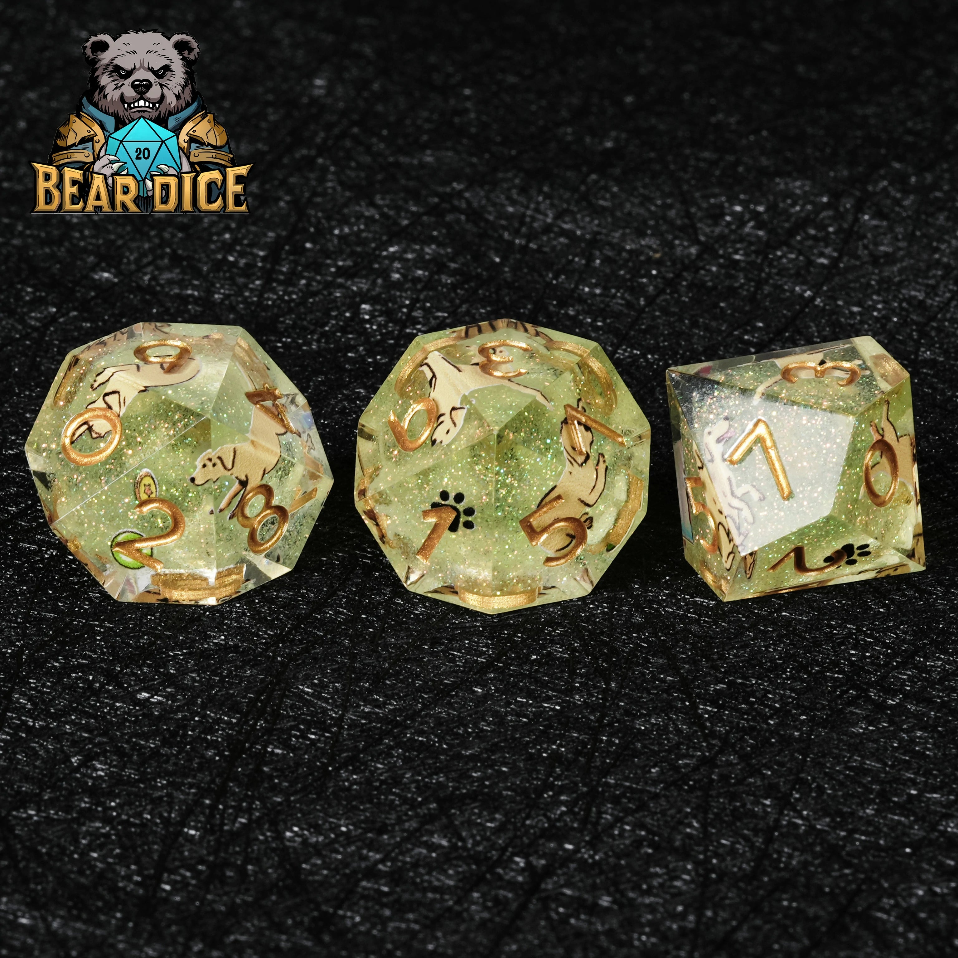 Labrador Green Glitter Resin DND D10 Dice Set | RPG Polyhedral Dice with Dog Art