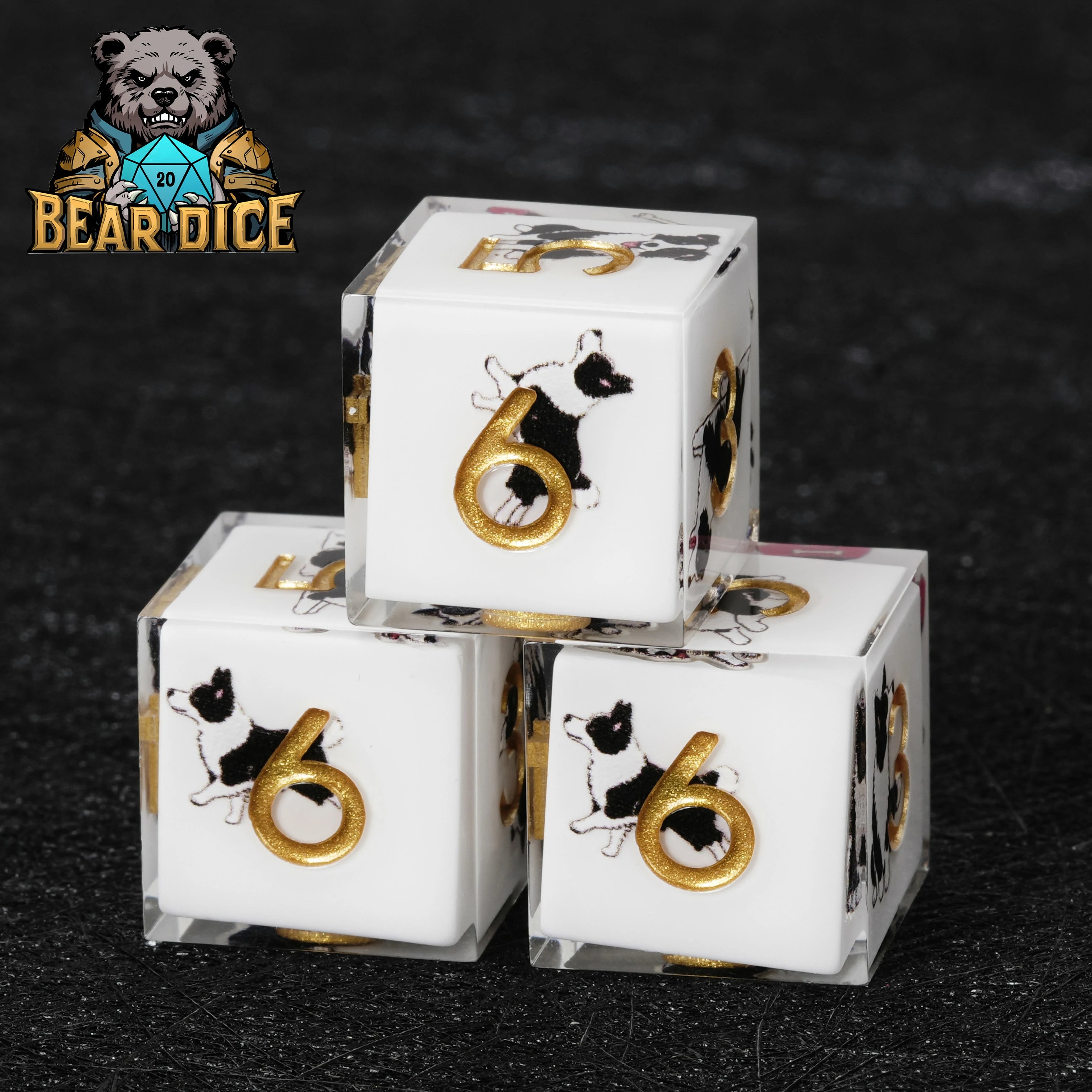 Border Collie White Resin D6 Dice – D&D RPG Gaming Dice