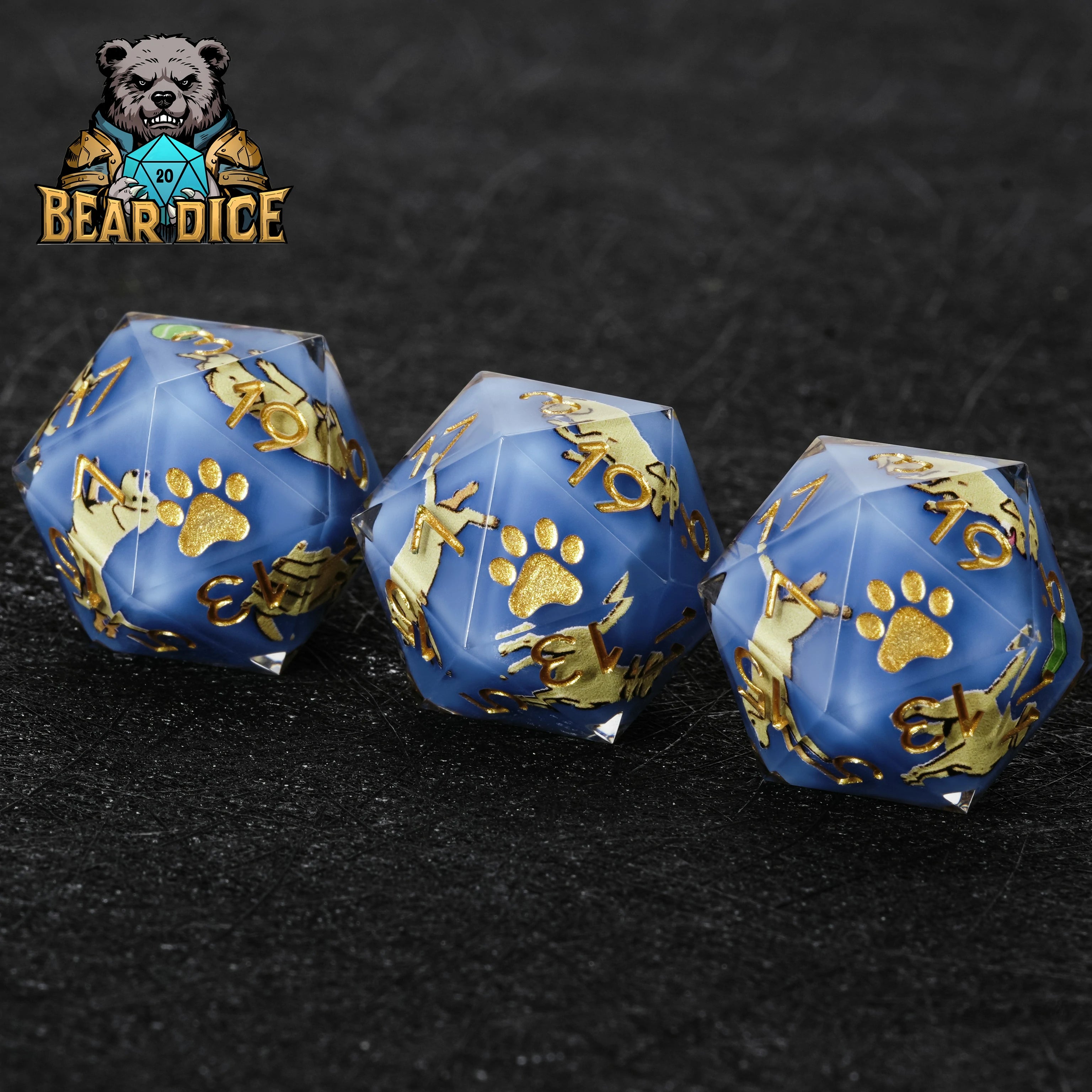 Labrador Blue Resin DND Dice Set | D20 Polyhedral RPG Dice with Gold Paw Print