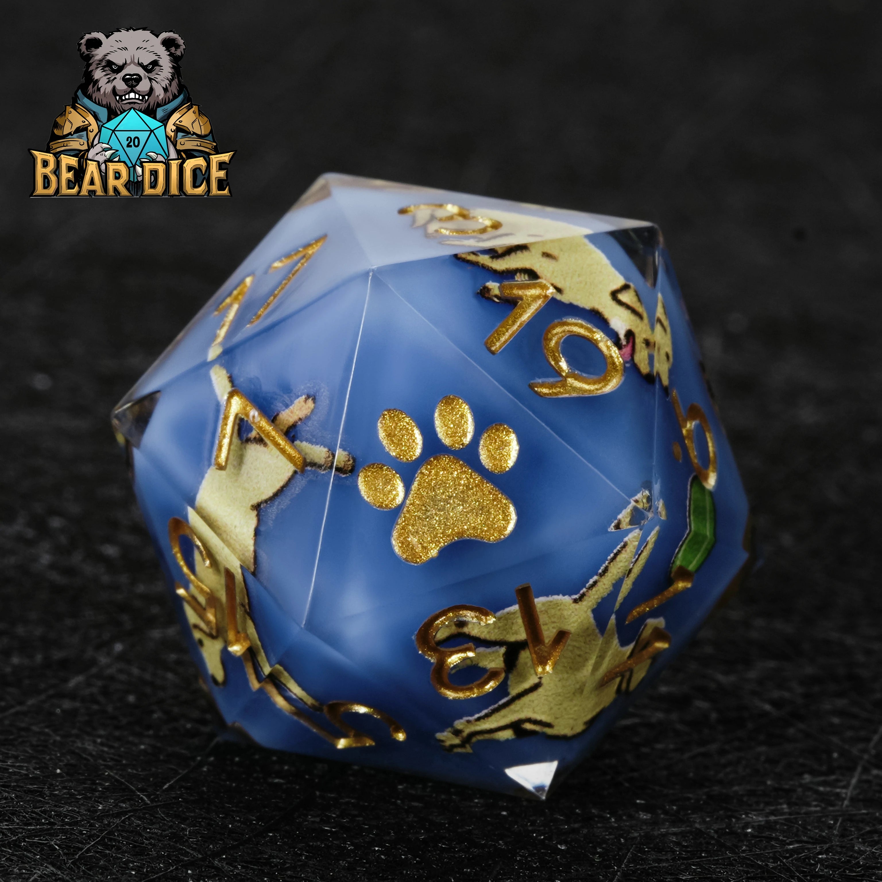 Labrador Blue Resin DND Dice Set | D20 Polyhedral RPG Dice with Gold Paw Print