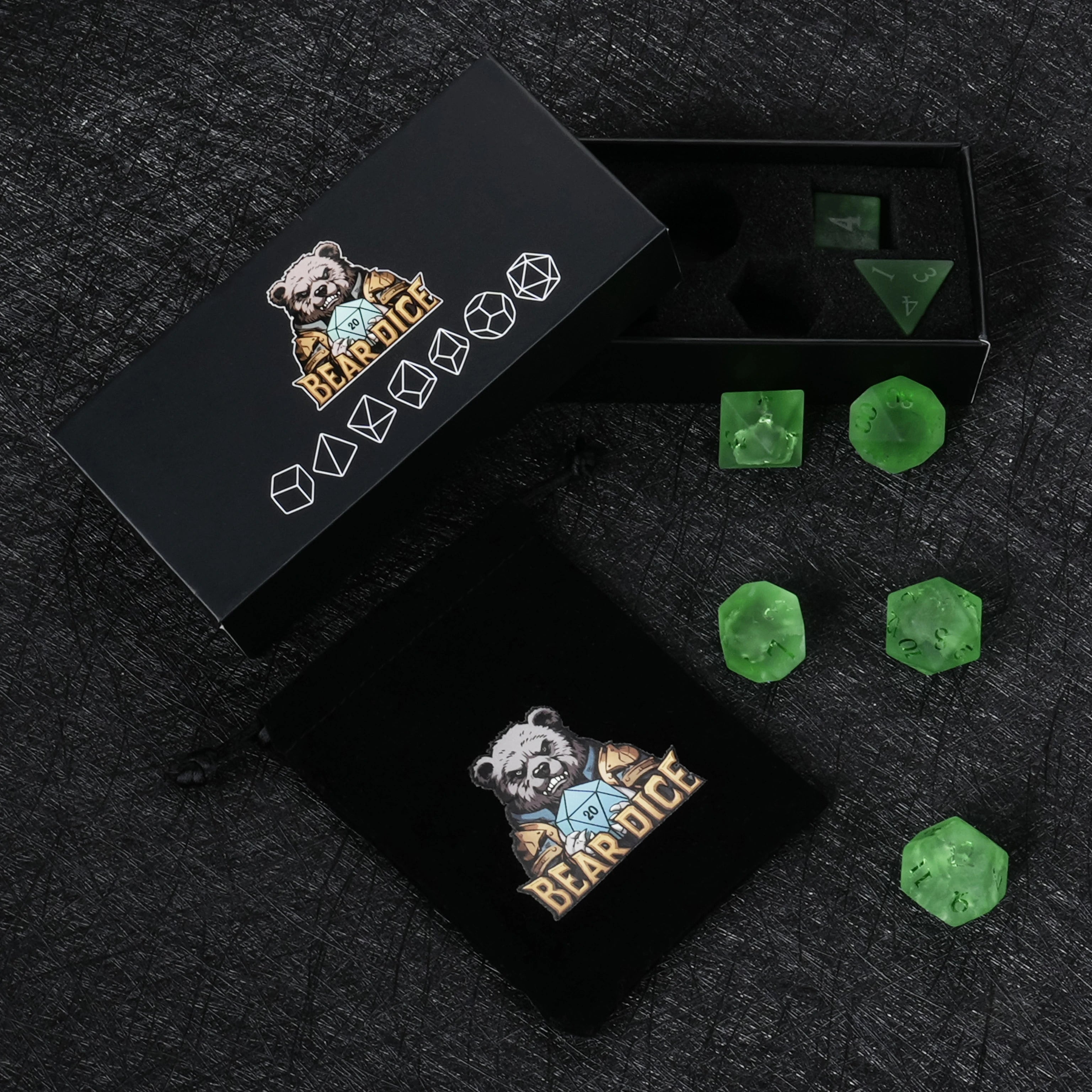 Green Frosted Crackle-Effect Glass Gemstone Dice Set with Raised Numbers
