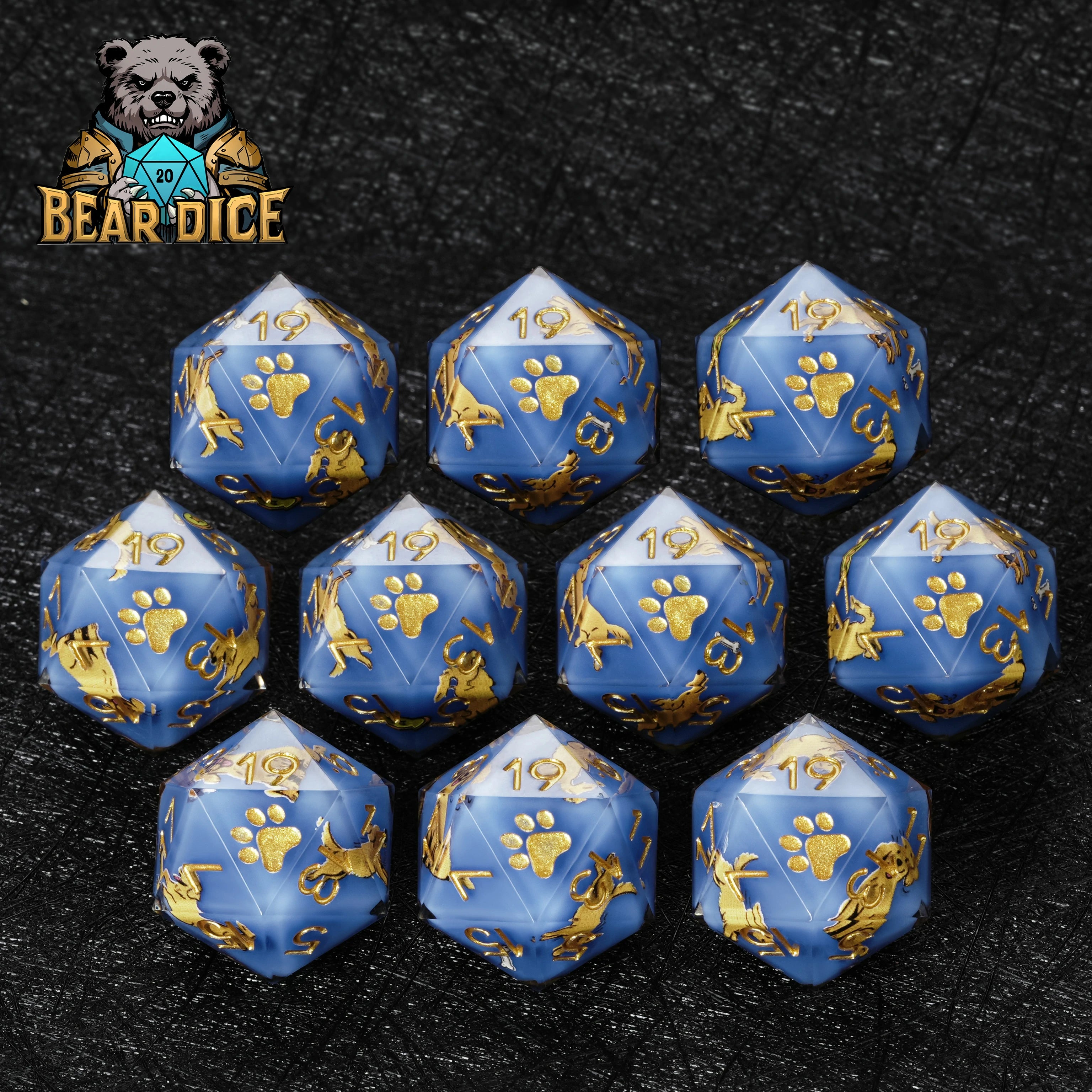 Golden Retriever Blue Resin D&D D20 Dice | Polyhedral RPG Dice Set