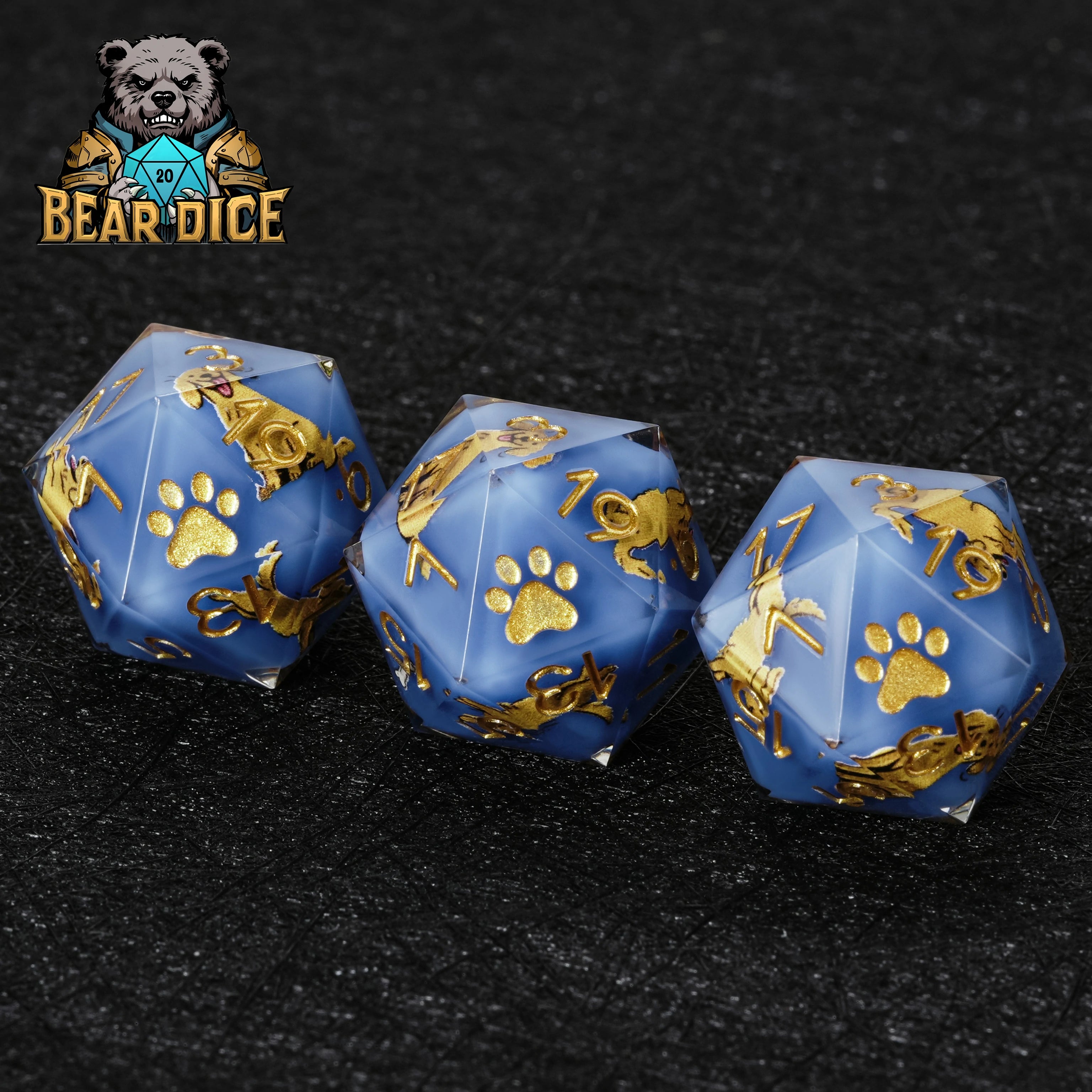 Golden Retriever Blue Resin D&D D20 Dice | Polyhedral RPG Dice Set