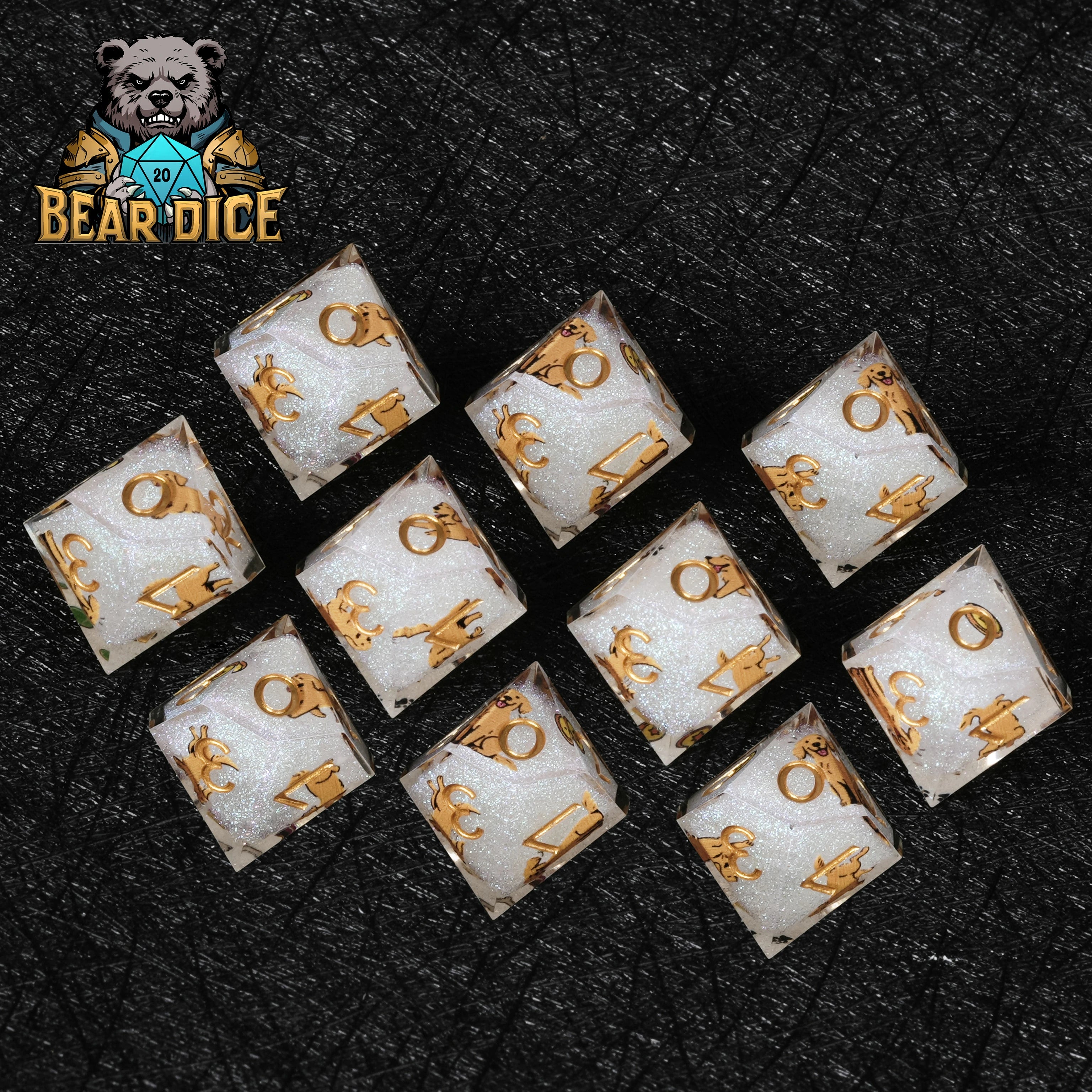 Gold-Flecked White Glitter Resin D10 Dice for D&D and RPG Games