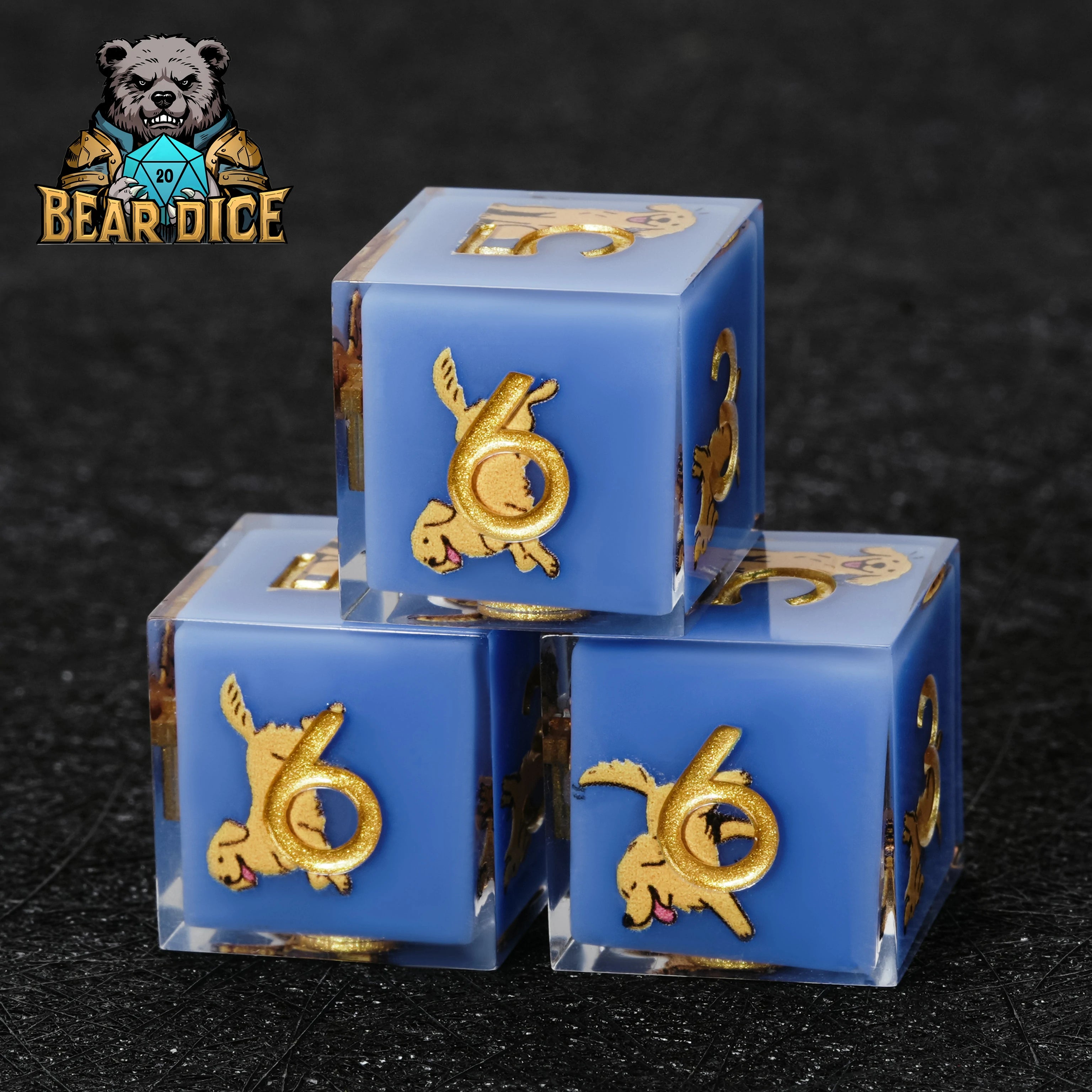 Golden Retriever Blue Resin D&D D6 Dice