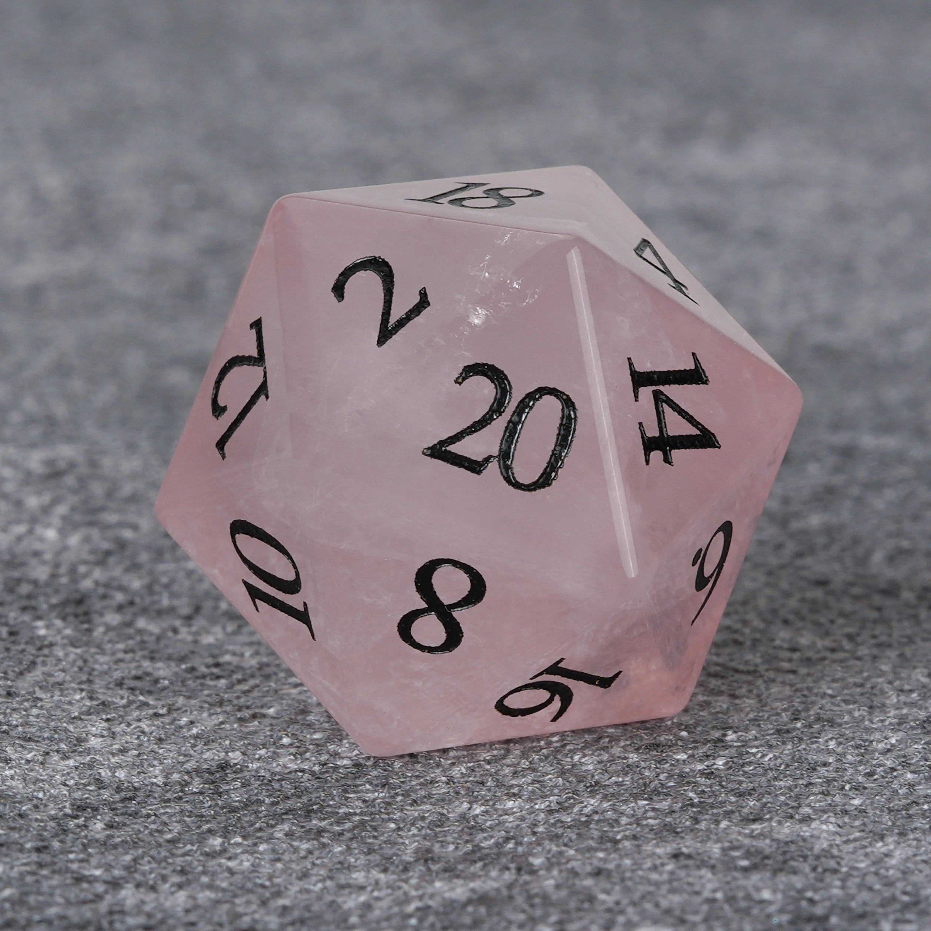 Rose Quartz Multi-Faceted Gemstone Dice Set with Black Numbers