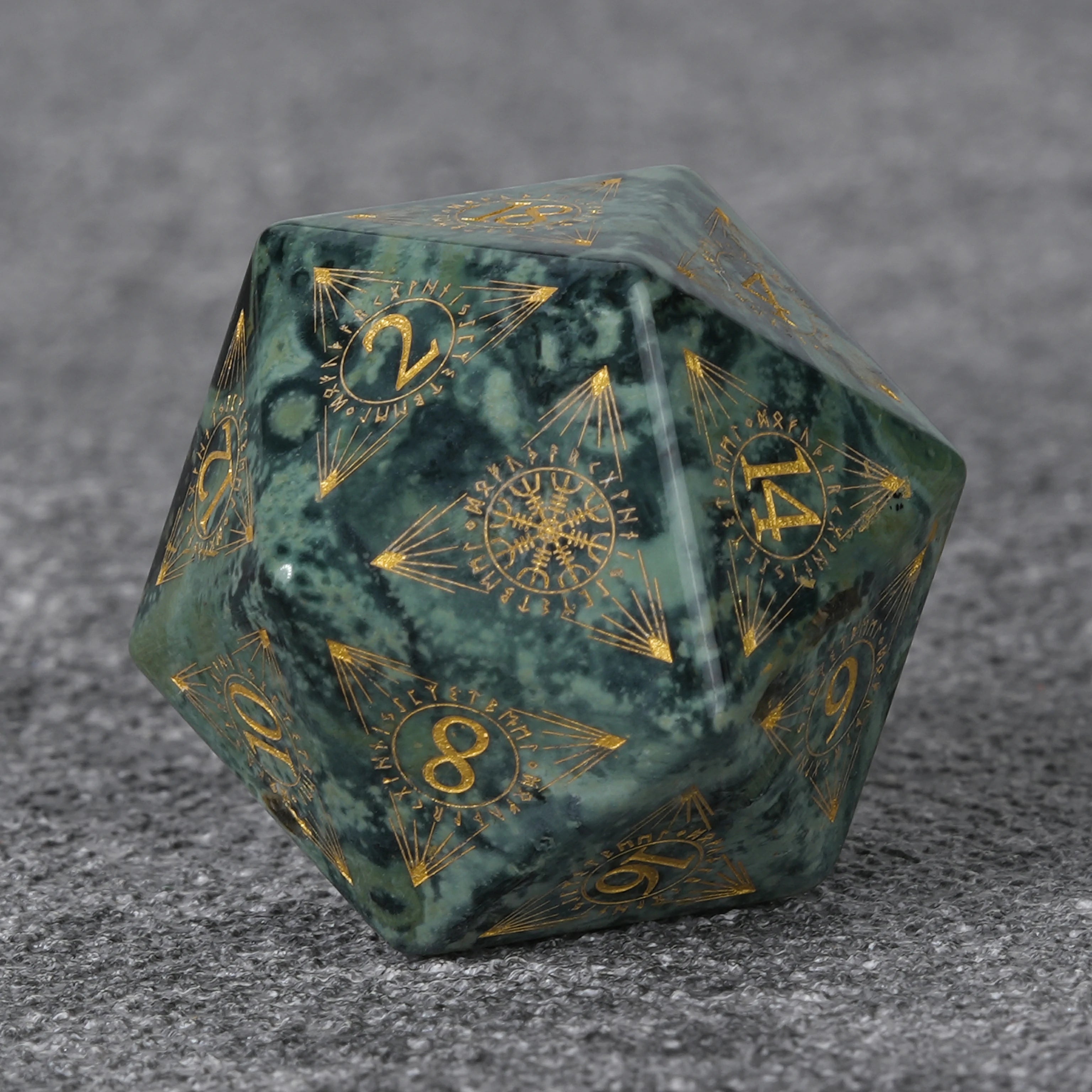 Moss Green Gemstone Dice Set with Mystical Rune Magic Circle