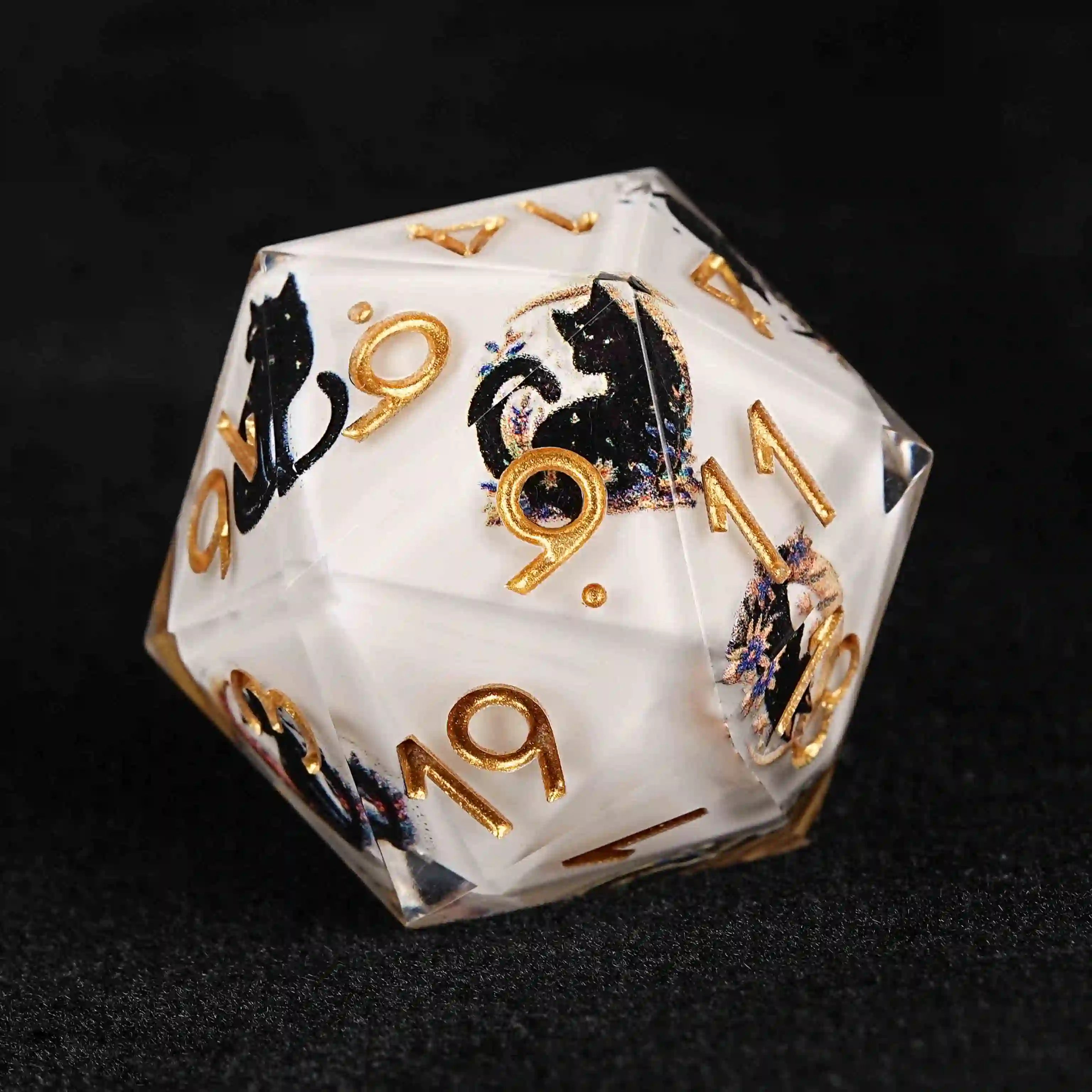Moon Night Shadow Cat Guardian Unusual White Resin DnD D20 Dice | Bear Dice