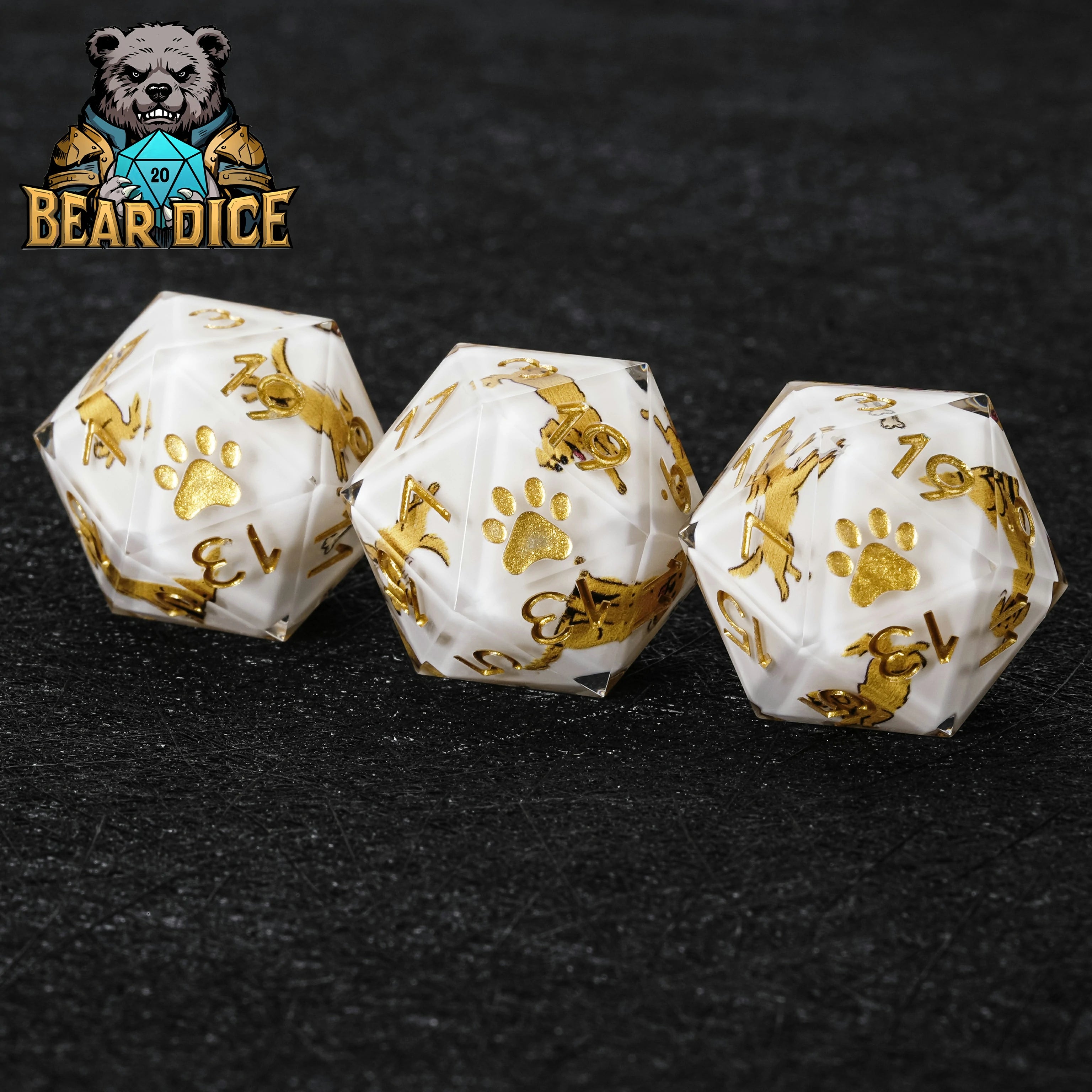 Gold-Flecked White Resin D20 Dice – Bear Paw DnD RPG Die