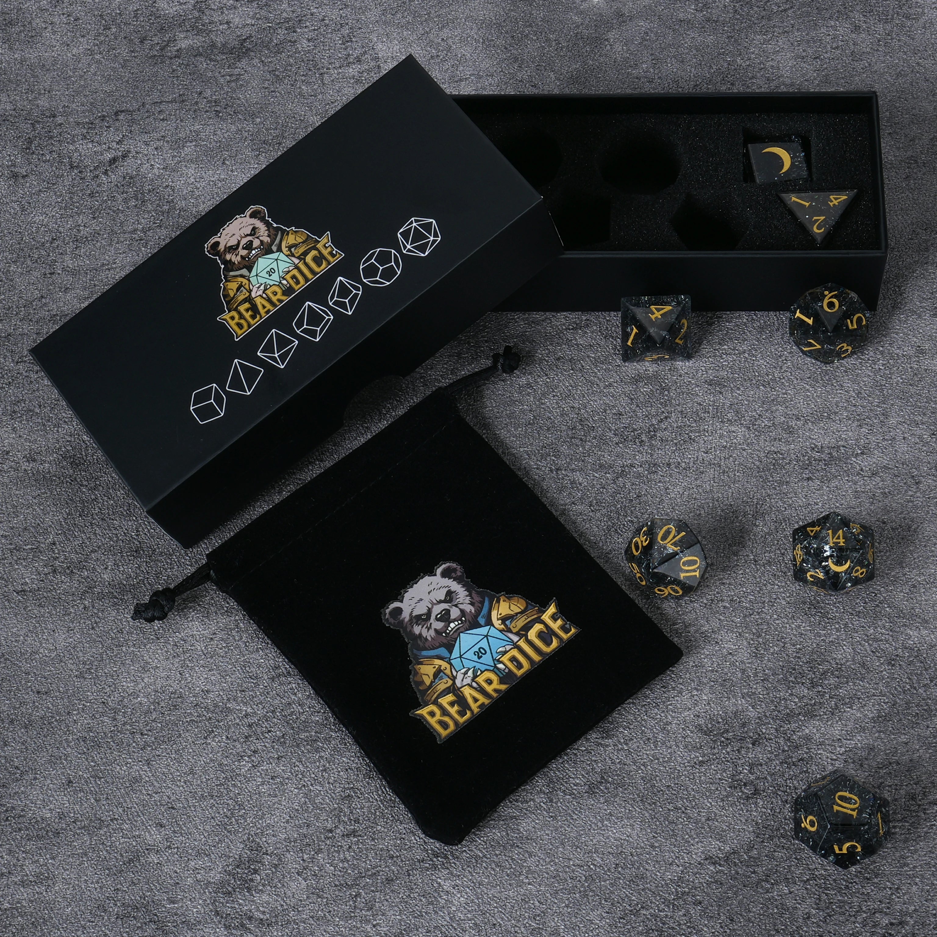 Translucent Black Crackle-Effect Multi-Faceted Gemstone Dice