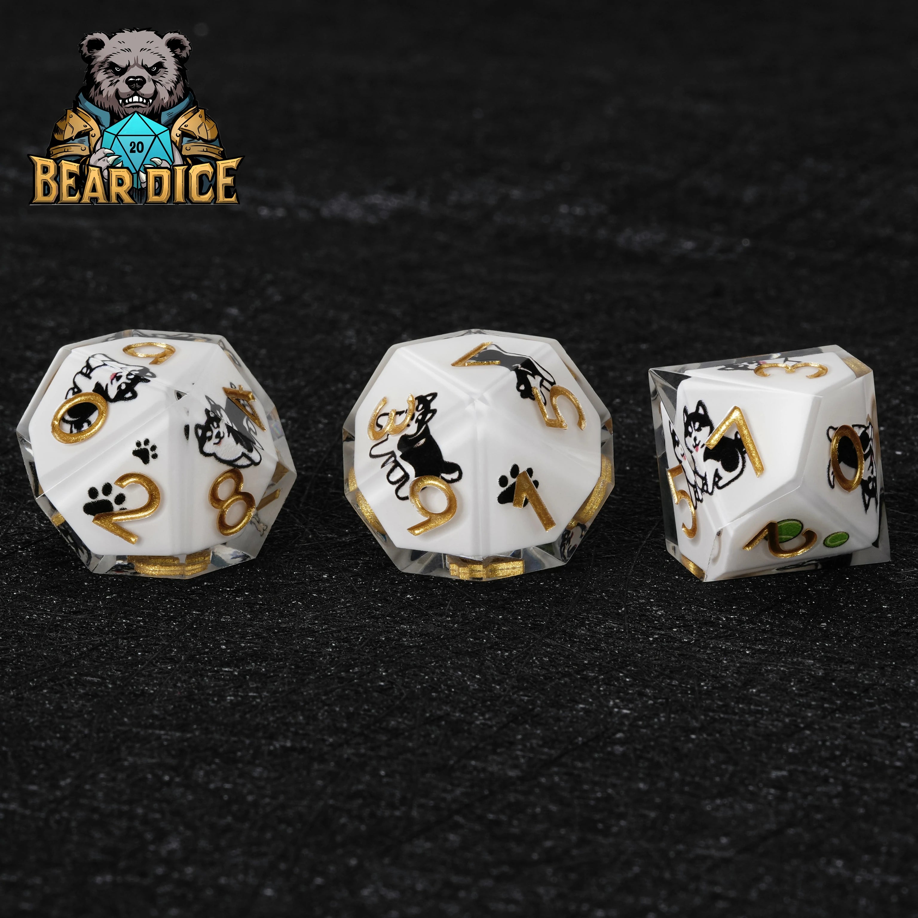 Husky White Resin DND D10 Dice | Sharp-Edged Polyhedral RPG Die with Husky Art