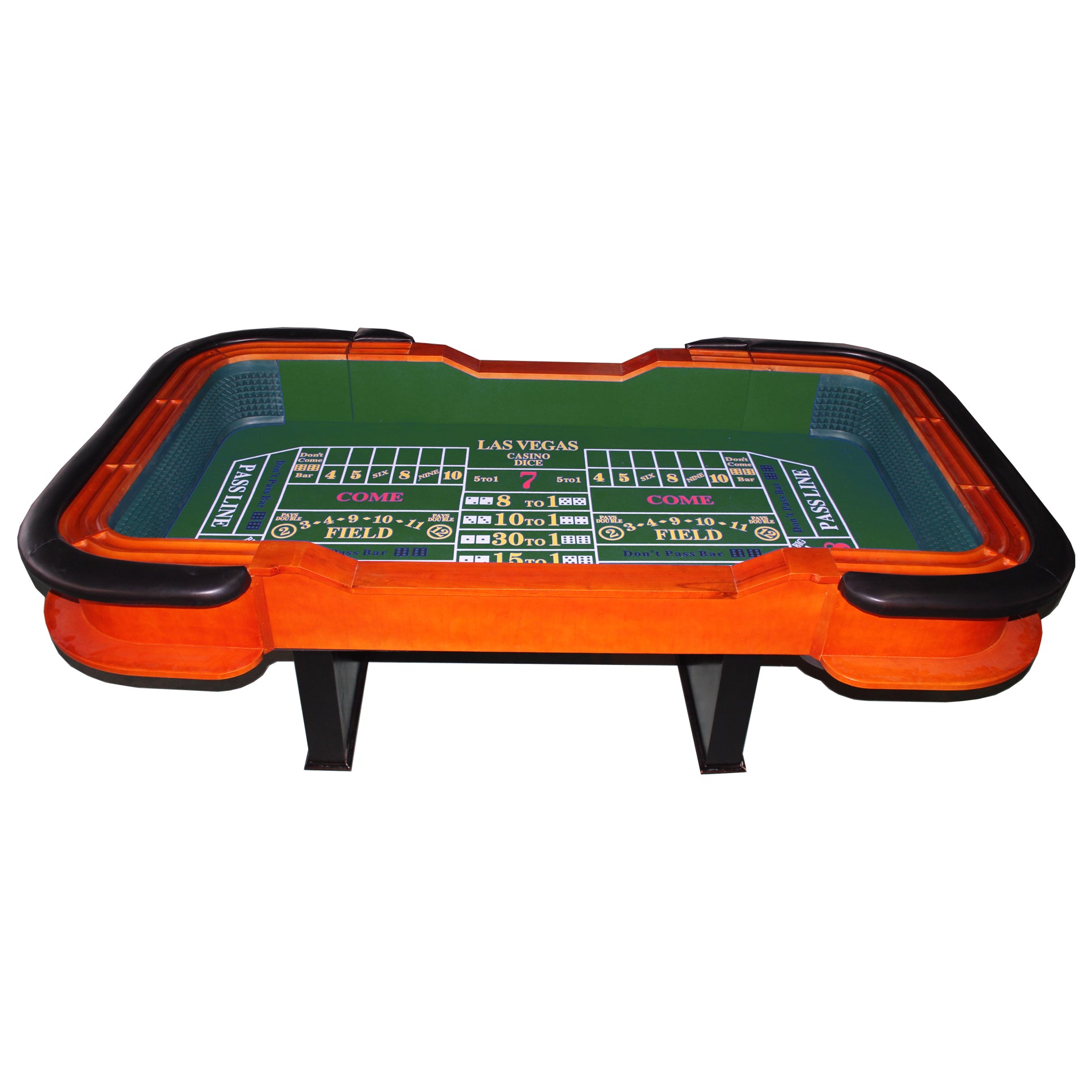 93-Inch Green Felt Deluxe Casino Craps Table – Full Side View with Orange Rubber Bumpers | Bear Dice