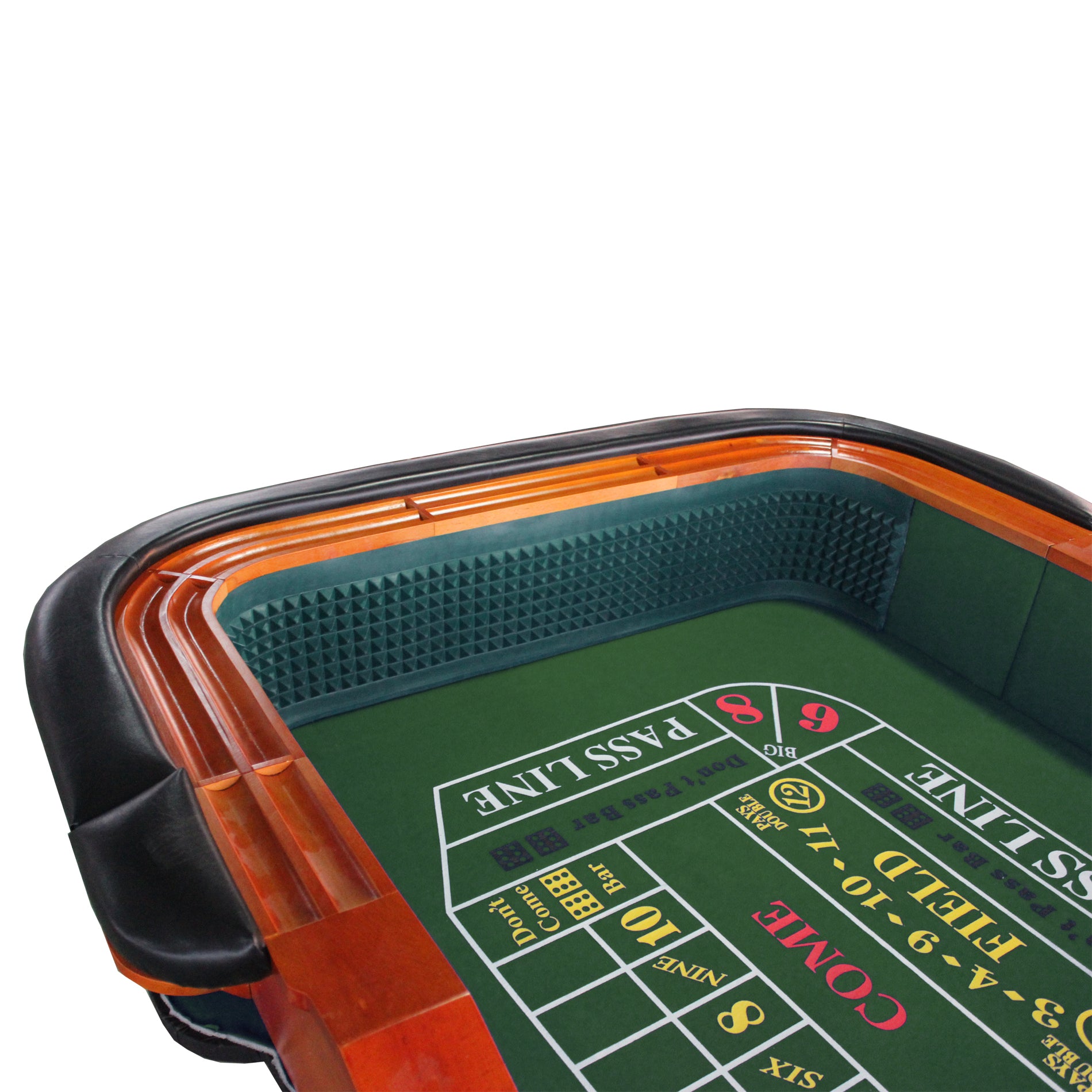 93-Inch Green Felt Deluxe Casino Craps Table – Orange Rubber Bumper Corner Detail | Bear Dice