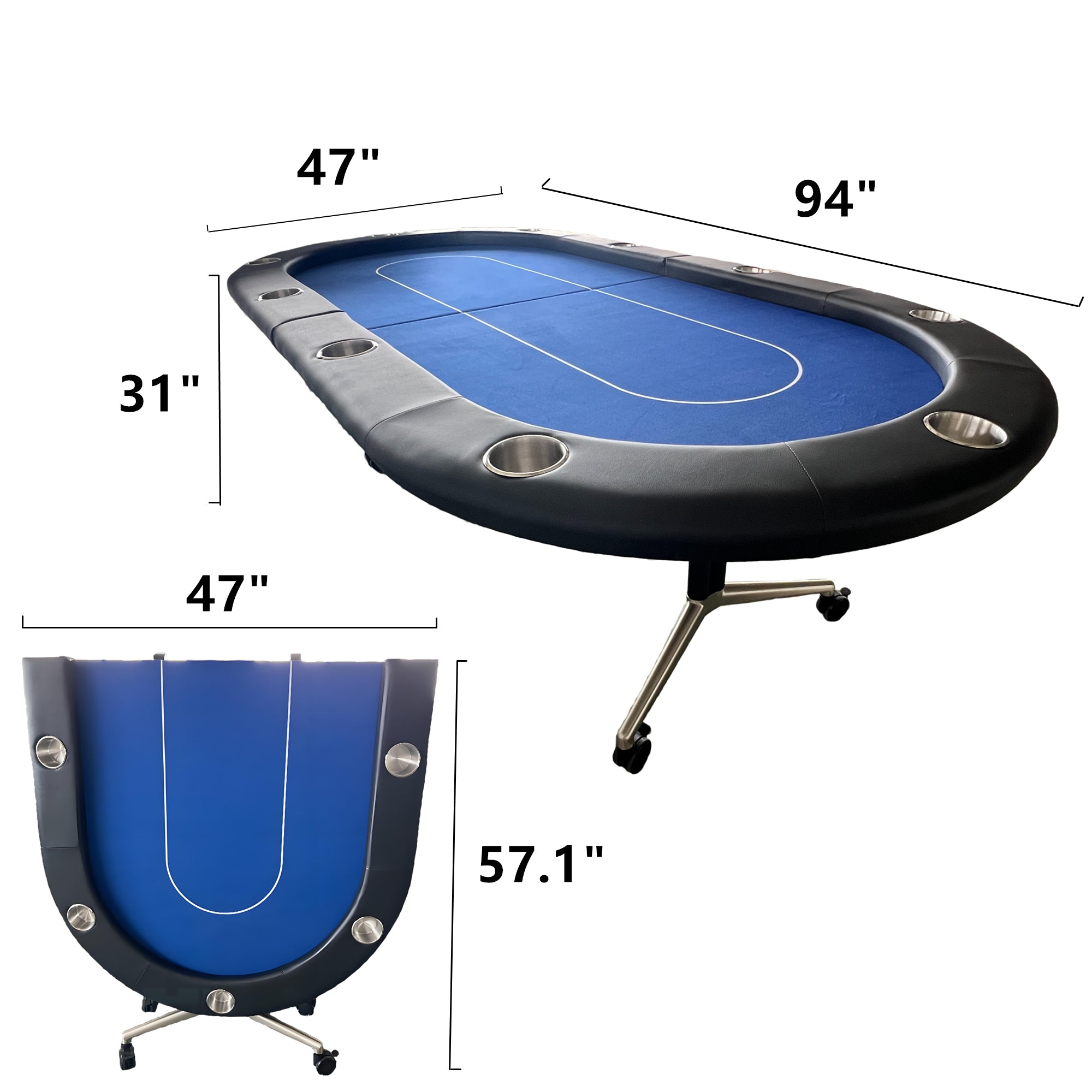 94-Inch Blue Oval Foldable Portable Poker Table – Product Dimensions Diagram | Bear Dice