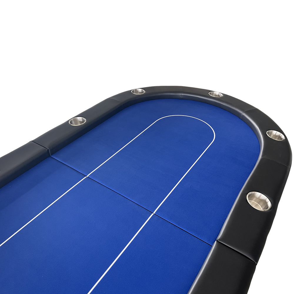 94-Inch Blue Oval Foldable Portable Poker Table – Blue Felt Surface & Cup Holder Detail | Bear Dice