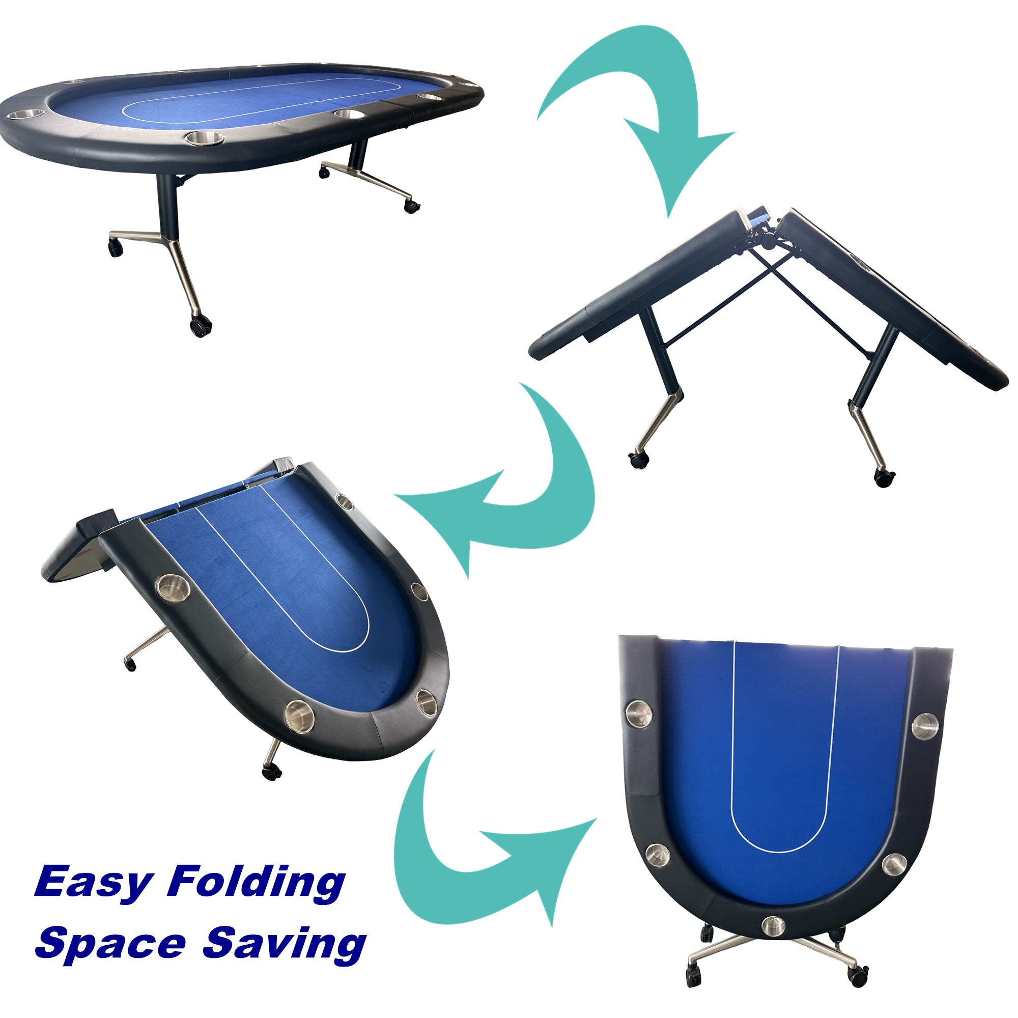 94-Inch Blue Oval Foldable Portable Poker Table – Easy Folding Space Saving Steps | Bear Dice