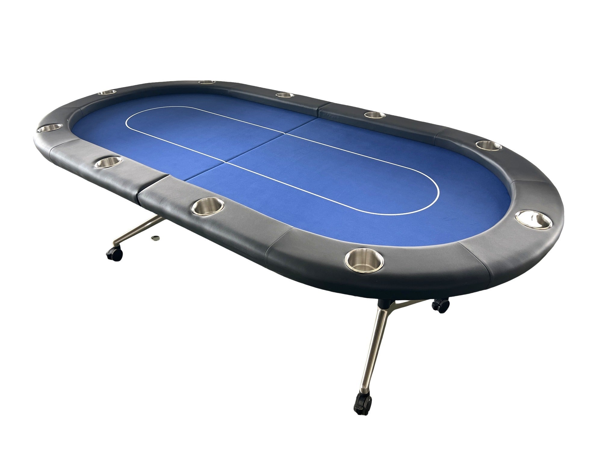 94-Inch Blue Oval Foldable Portable Poker Table – Side View with Metal Leg Structure | Bear Dice