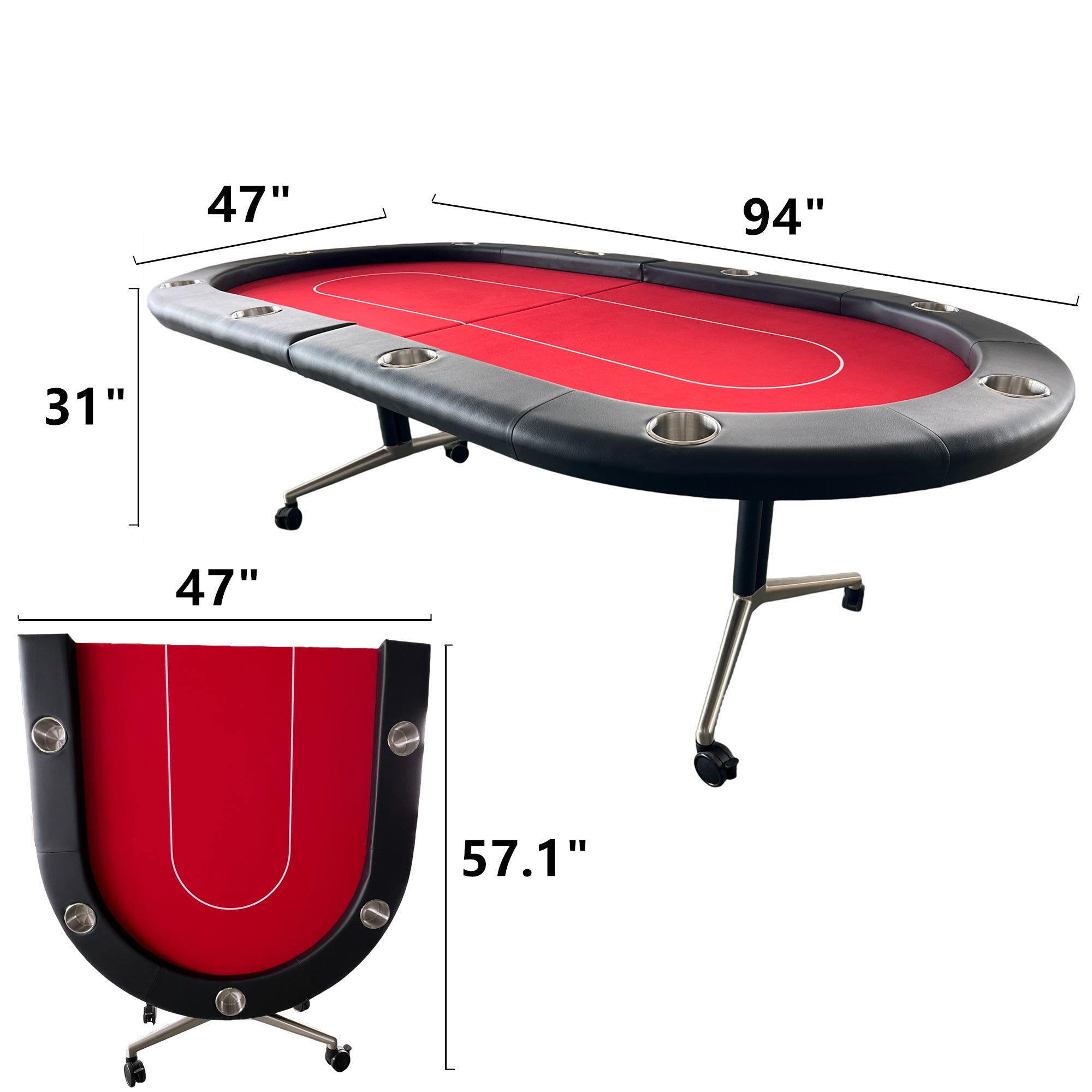 Red oval foldable metal poker table (with casters) Dimensions: 94 inches long, 31 inches high, 4 inches wide | Bear Dice