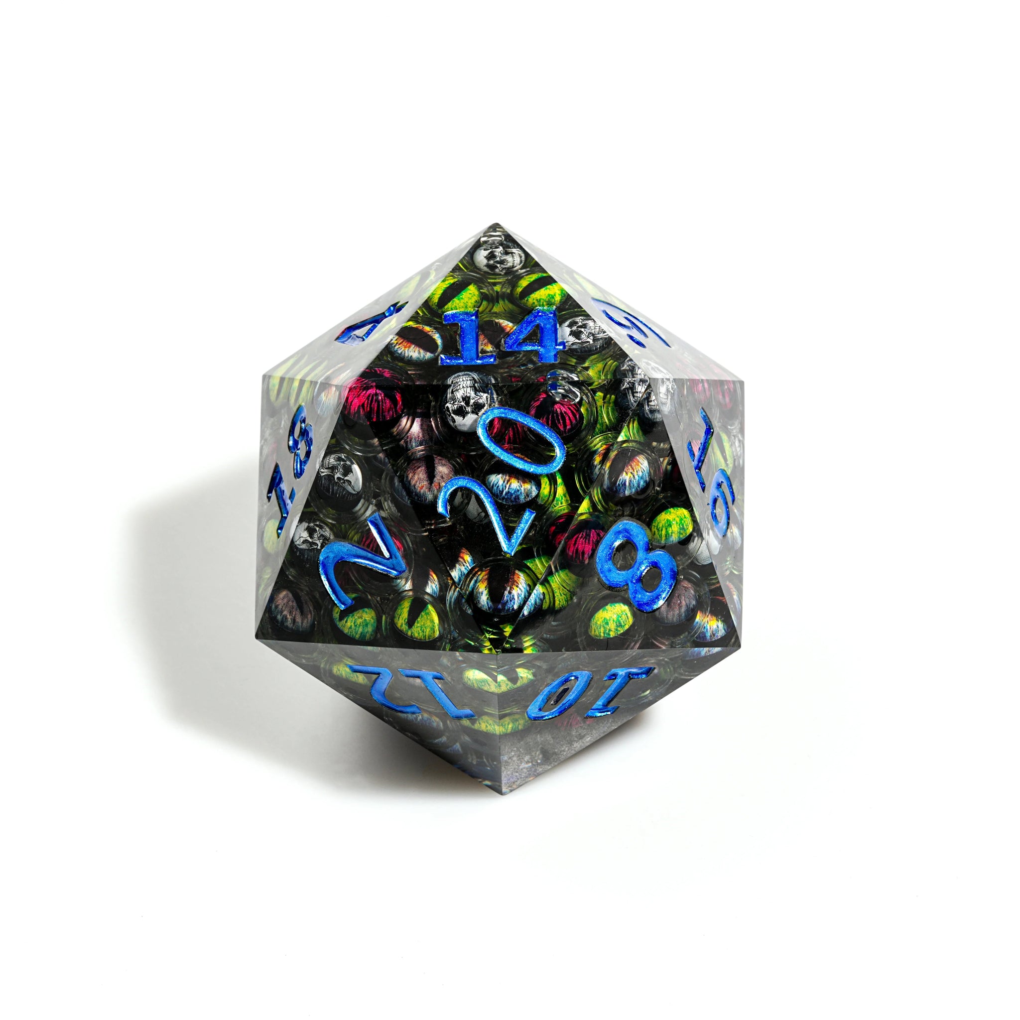 Multifaceted Illusion - 95mm Extra Large Clear Resin D20 Eyeball Dice with Blue Numbers. The Giant D20 Dice Core Contains Many Dragon Eyes, Demon Eyes, and More | Bear Dice