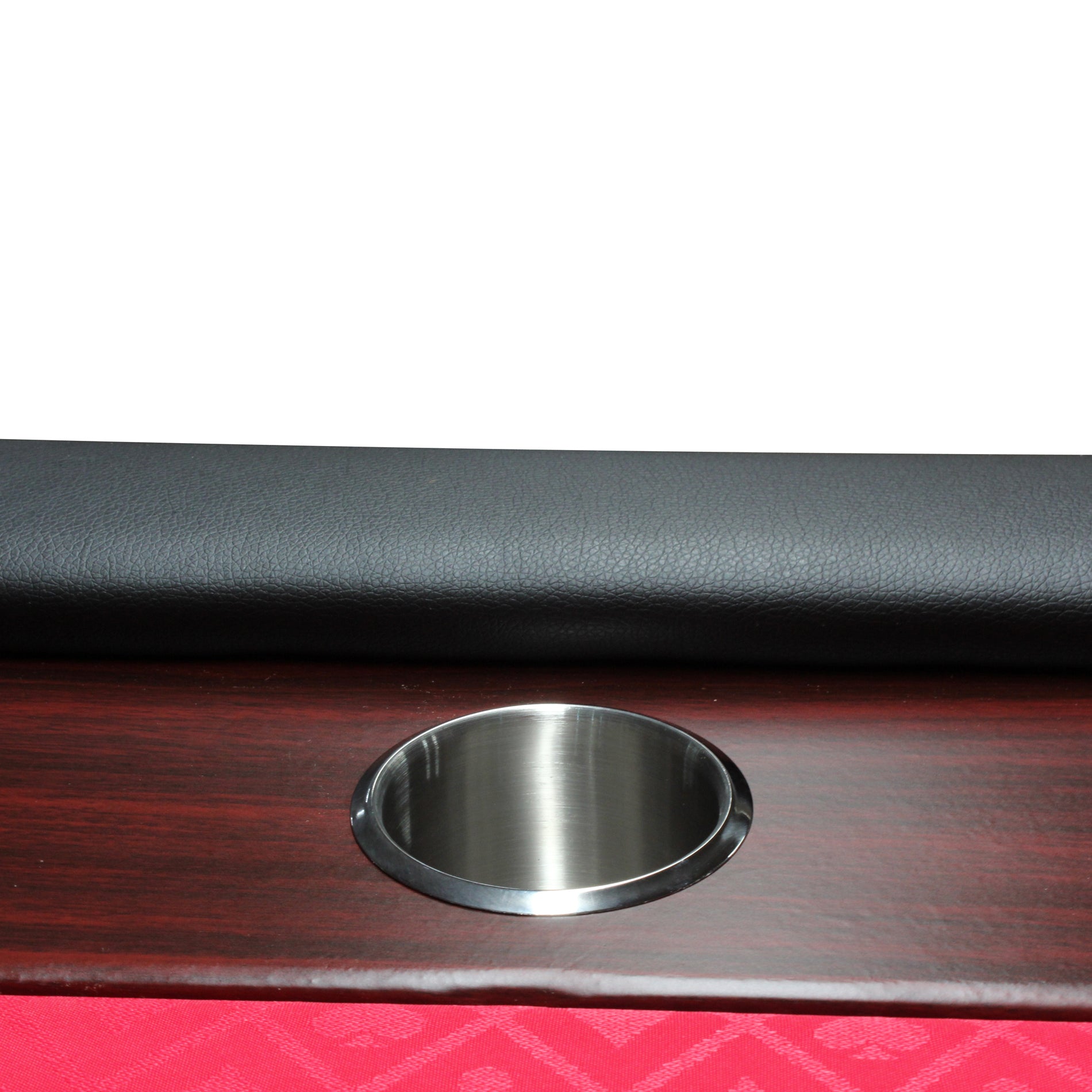96-Inch Foldable Poker Table – Red Felt & Wood-Grain Racetrack Color Contrast Close-up | Bear Dice