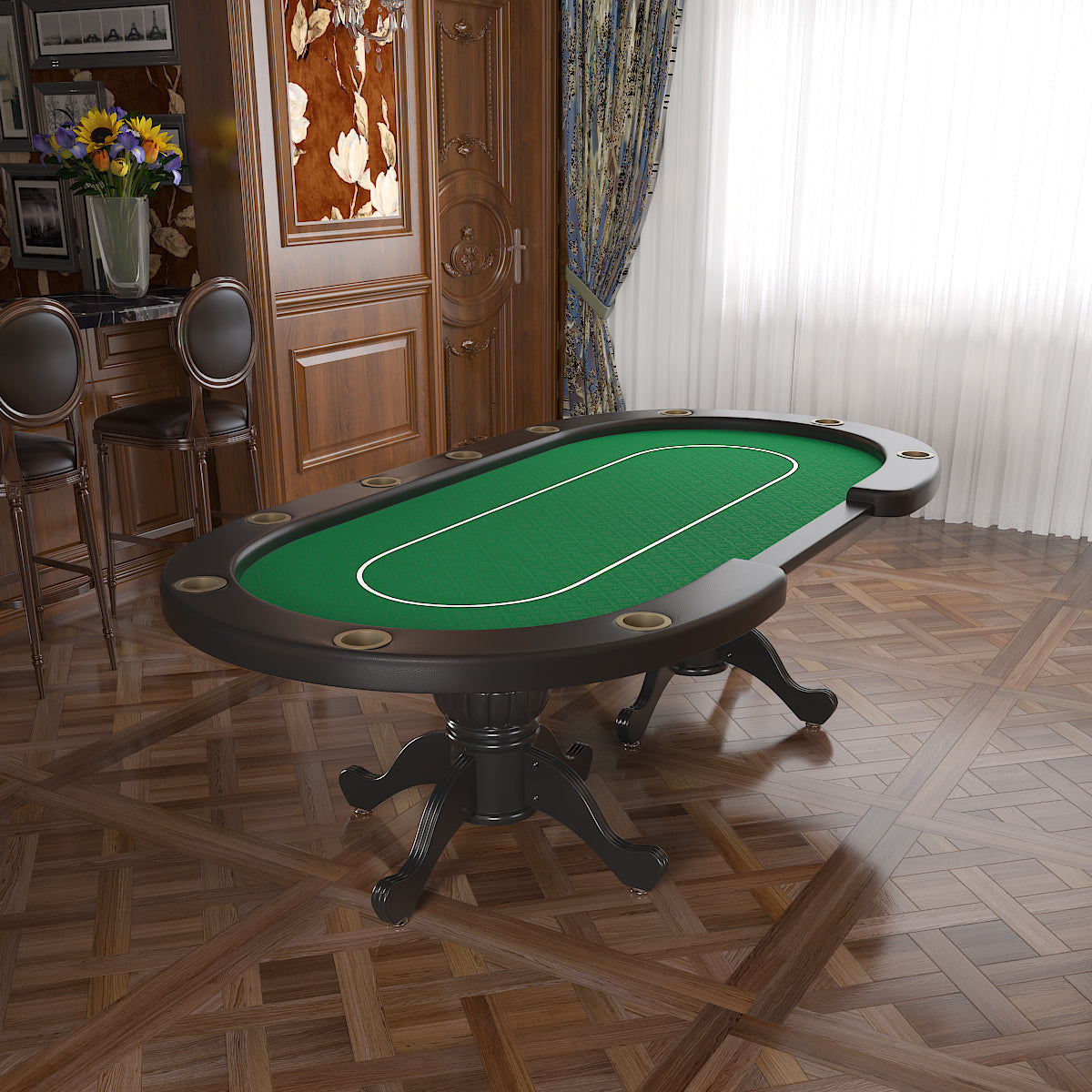 96-Inch Oval 10-Player Wooden Texas Hold'em Poker Table with Green Felt – Interior Side View Scene | Bear Dice