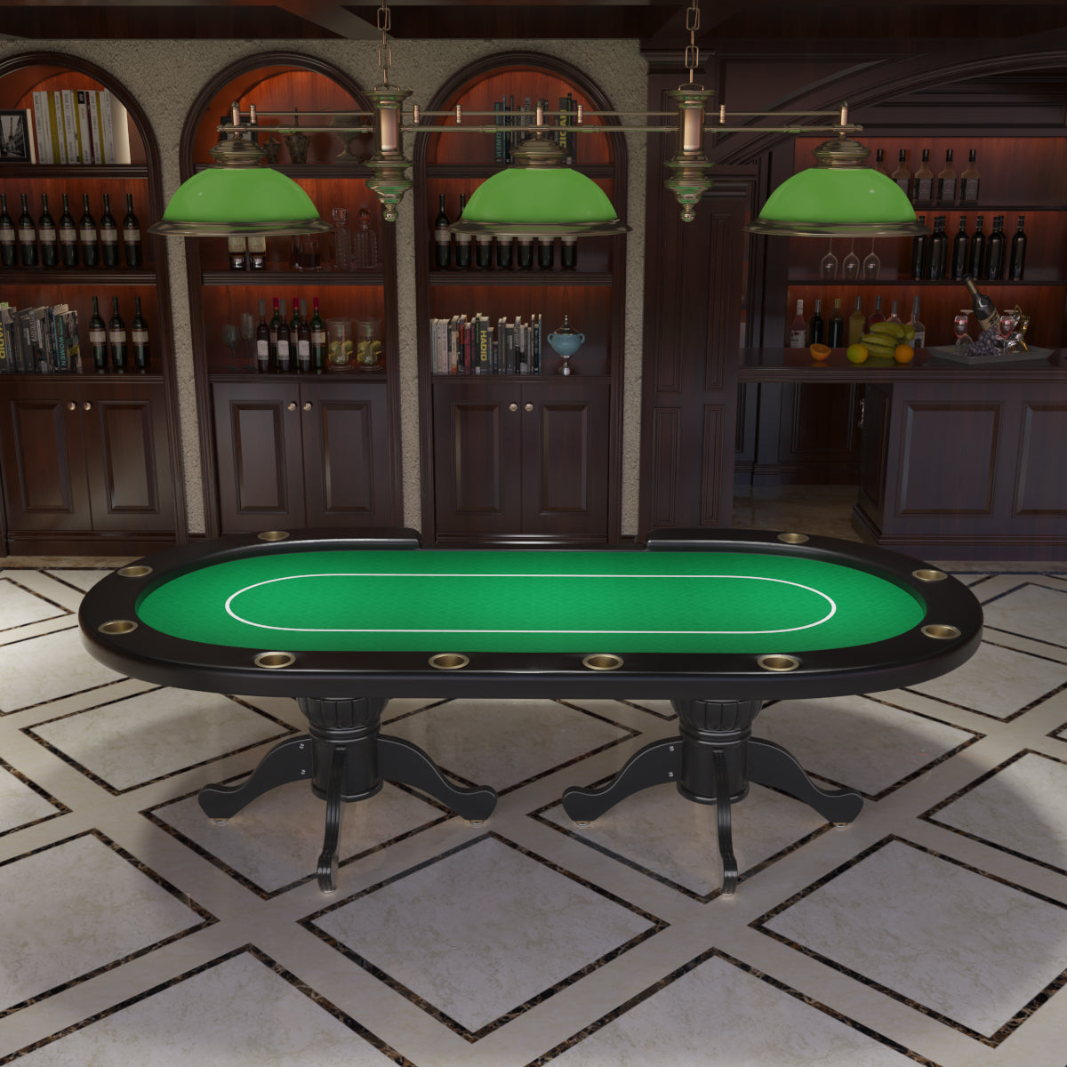 96-Inch Oval 10-Player Wooden Texas Hold'em Poker Table with Green Felt – Luxury Game Room Scene | Bear Dice
