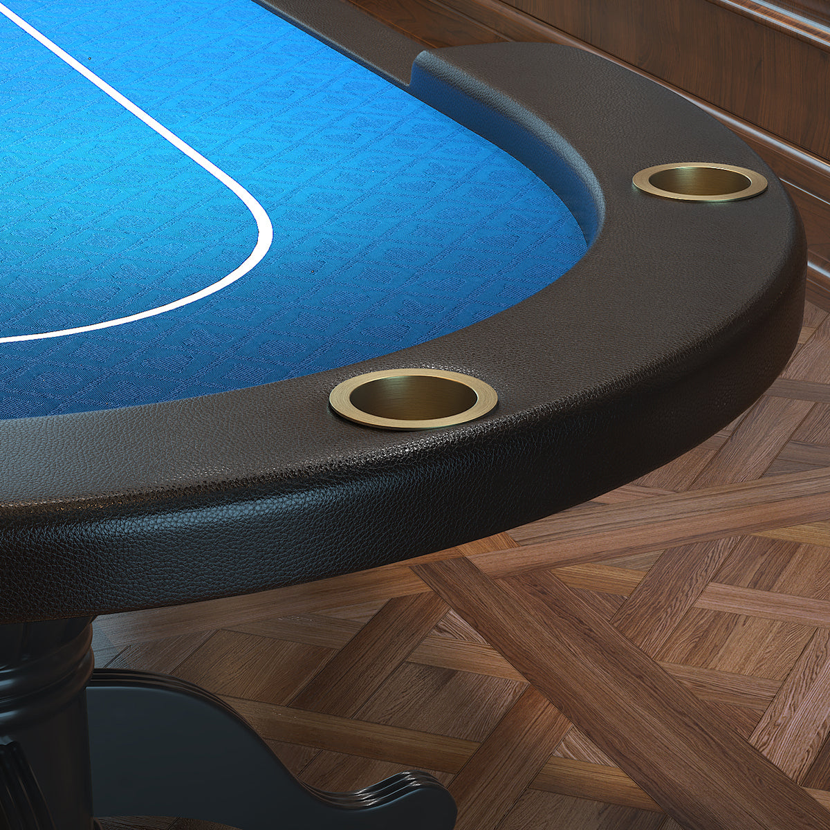 96-Inch Oval Blue Felt 10-Player Aura Poker Table – Interior Side View Scene | Bear Dice