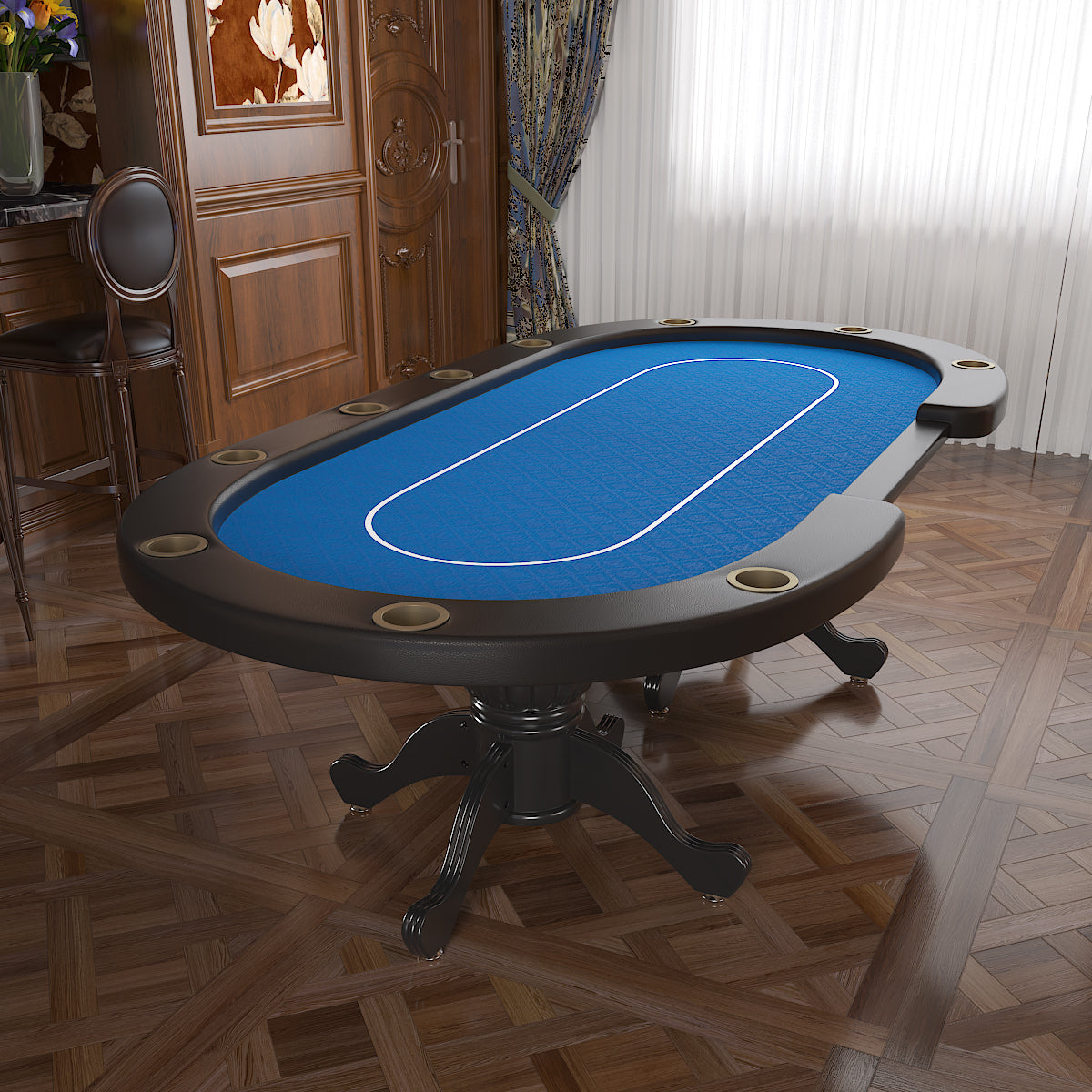 96-Inch Oval Blue Felt 10-Player Aura Poker Table – Luxury Home Game Room Scene | Bear Dice