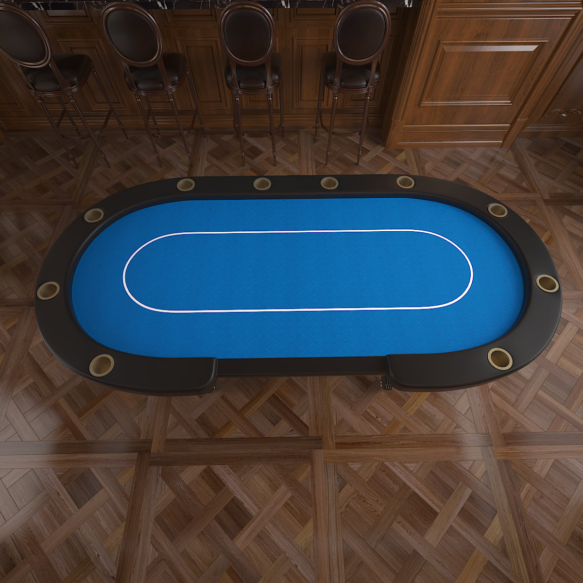 96-Inch Oval Blue Felt 10-Player Aura Poker Table – Top View with Betting Line Detail | Bear Dice
