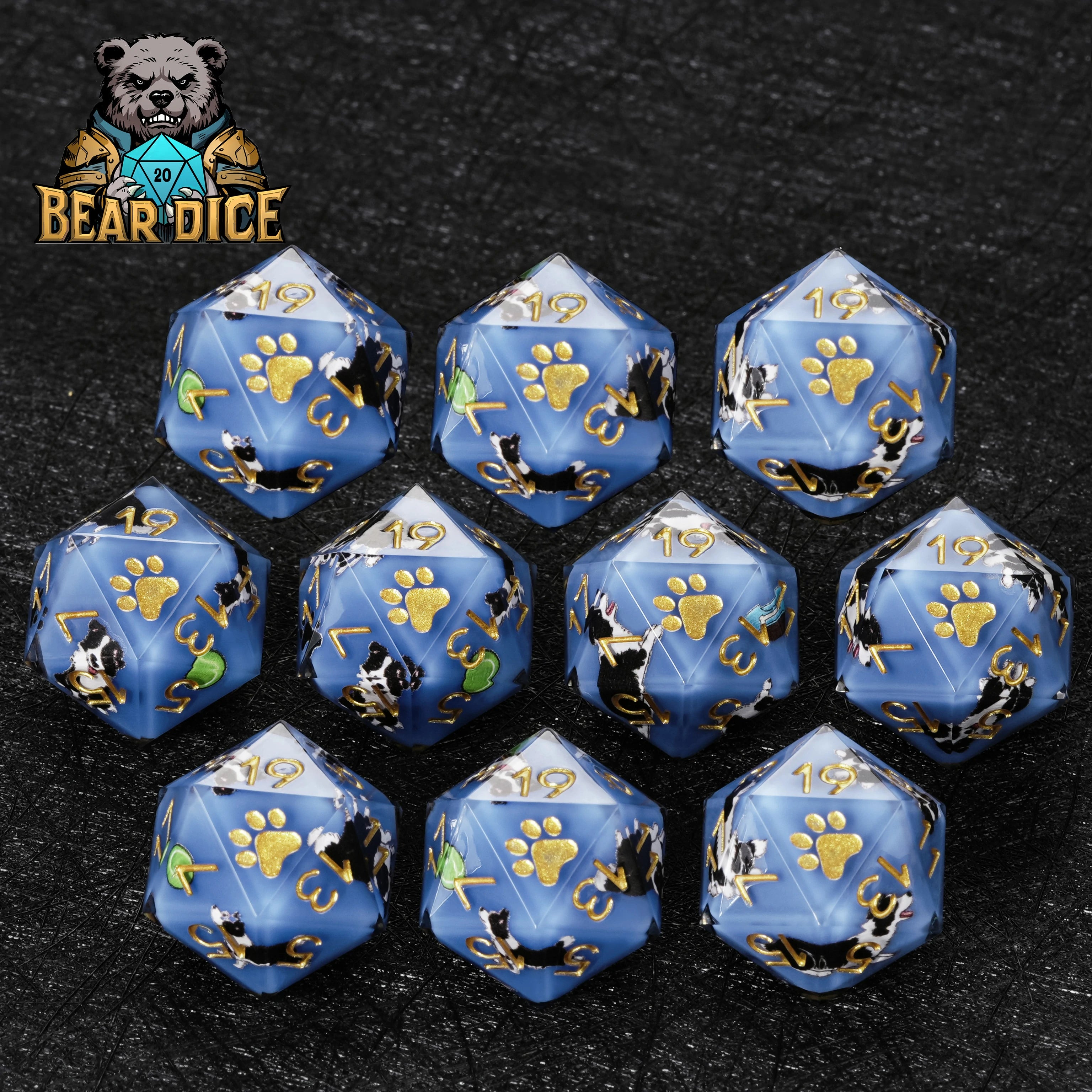Border Collie Blue Resin D&D D20 Dice Set for RPG Games