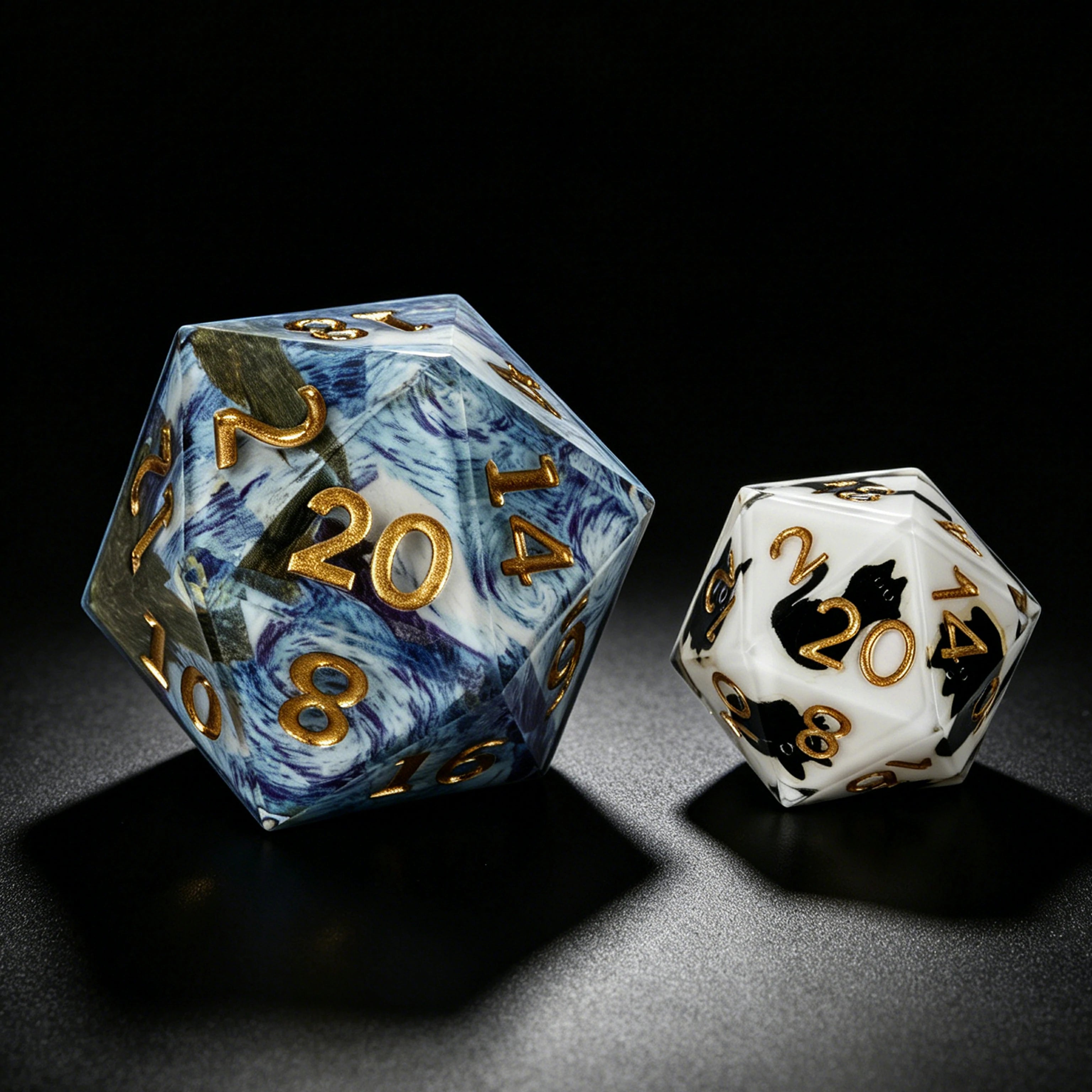35mm Van Gogh Giant D20 Dice with Gold Lettering – Starry Night Resin RPG Dice