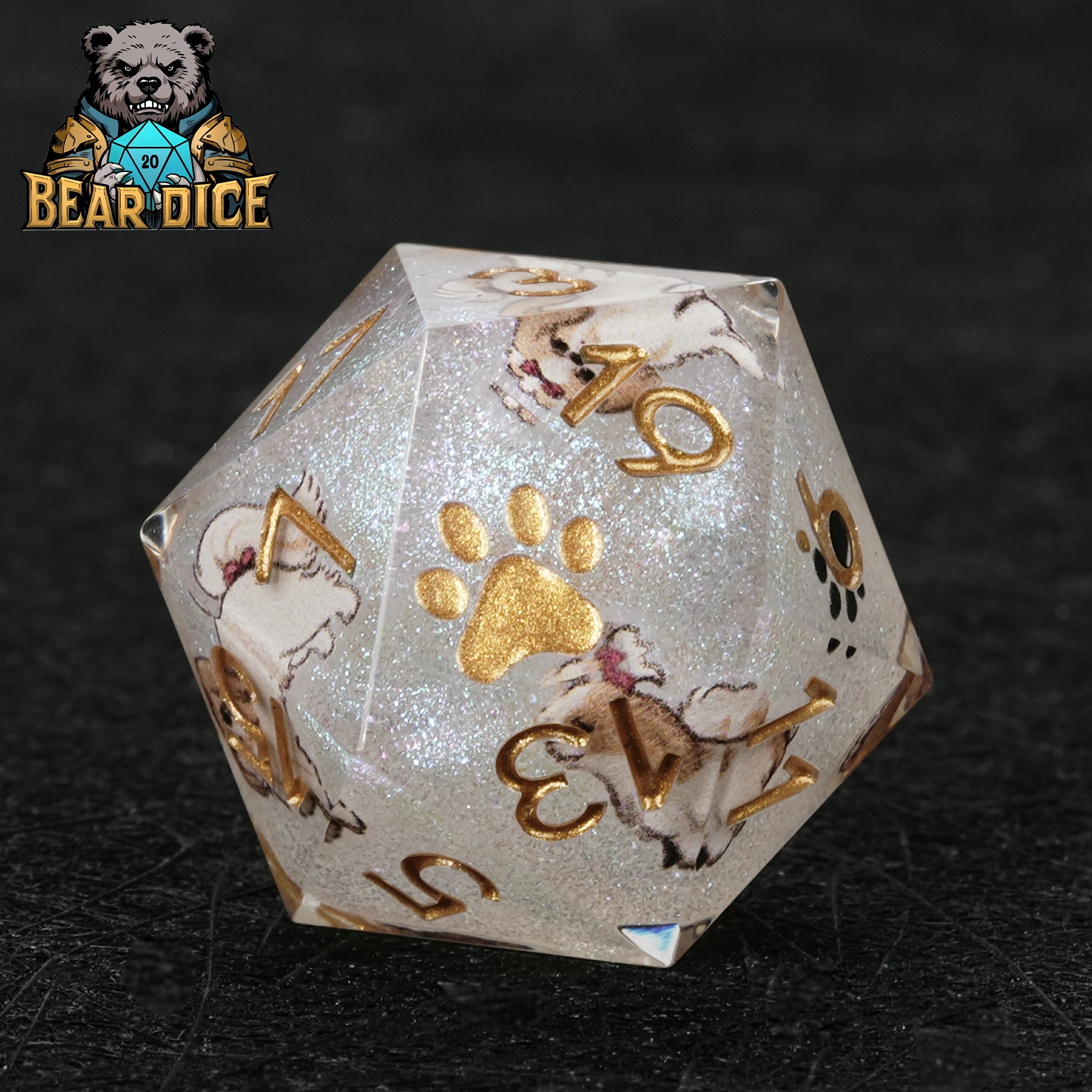 White Glitter Resin Shih Tzu DND Dice Set | Sharp-Edged D&D RPG Dice with Gold Numbers
