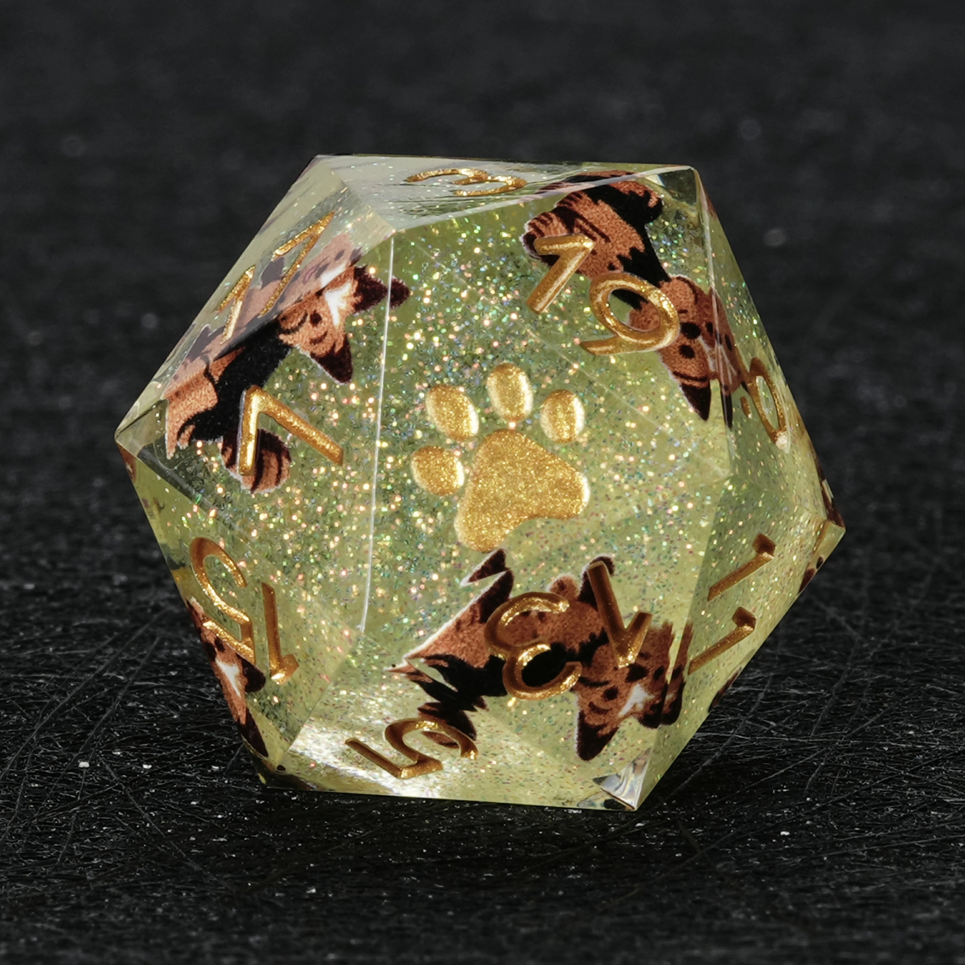 Yorkshire Terrier Green Glitter Resin DND D20 Dice – Yorkie RPG Gift