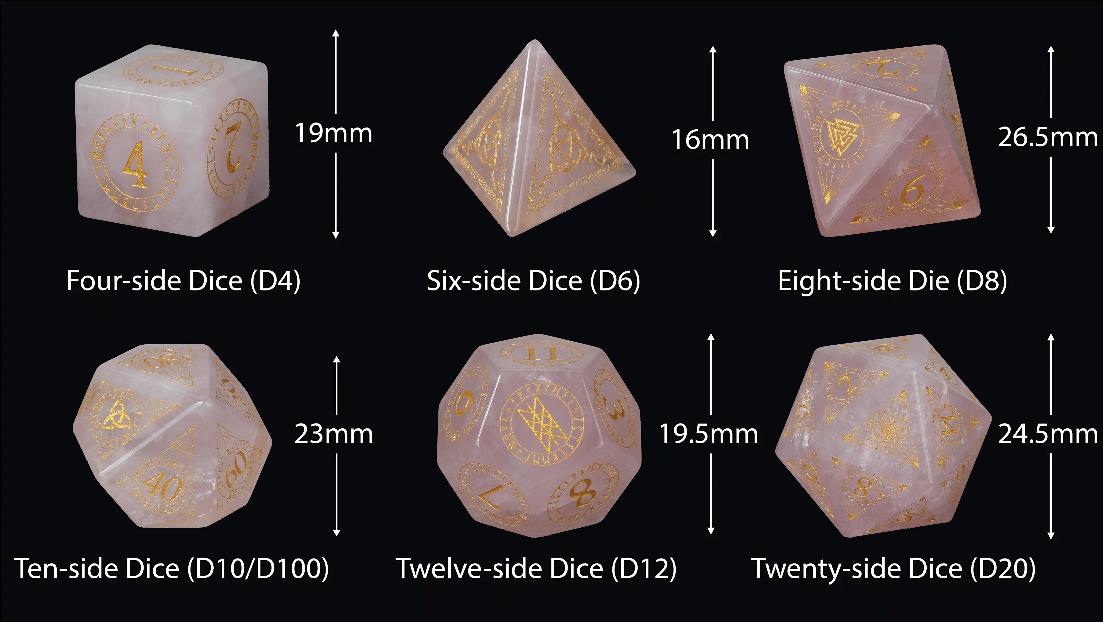 Rose Quartz Gemstone Dice Set with Gold Magical Runes